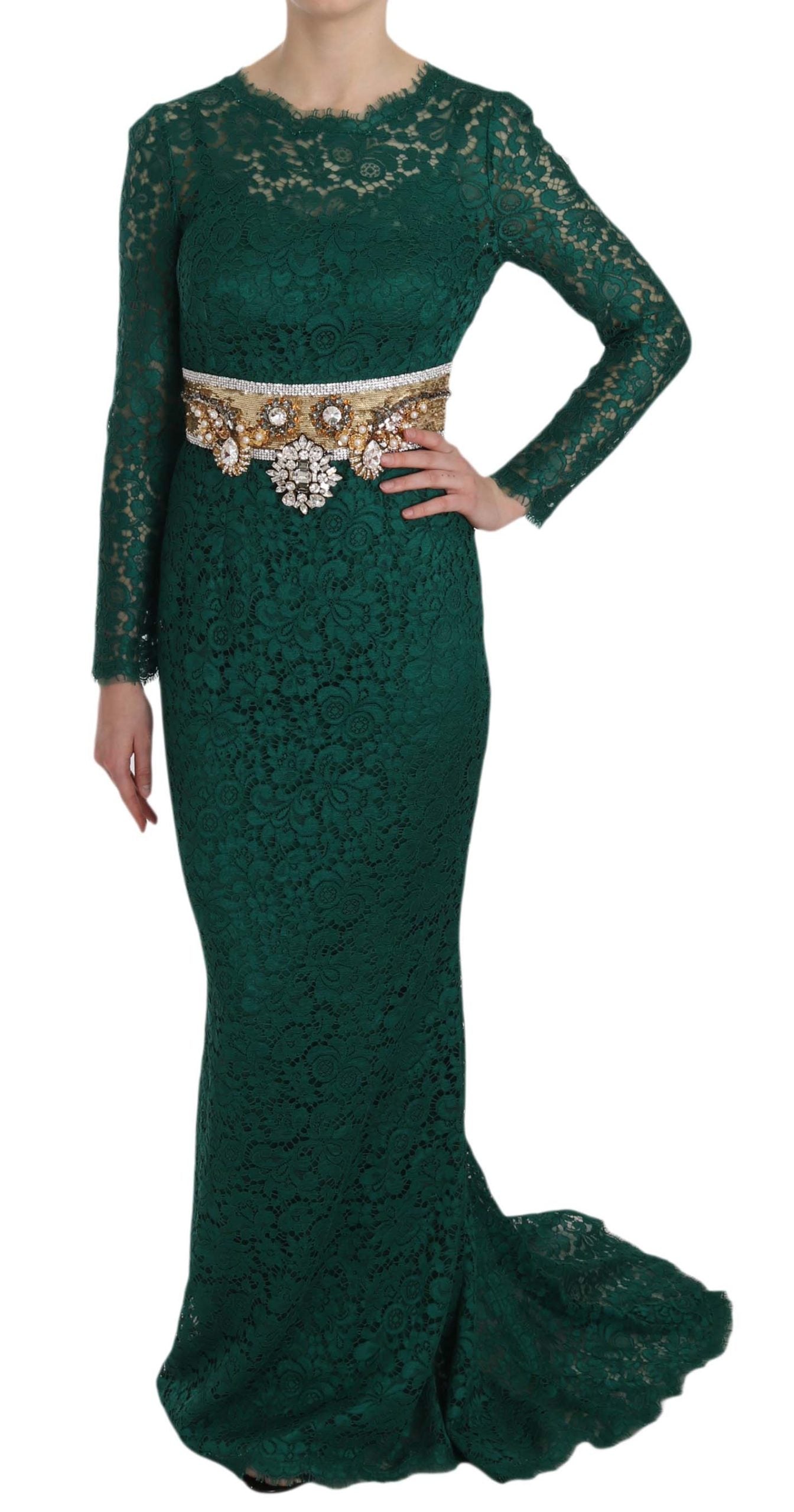 Dolce & Gabbana Emerald Elegance Long Sleeve Floor-Length Dress IT42 | M