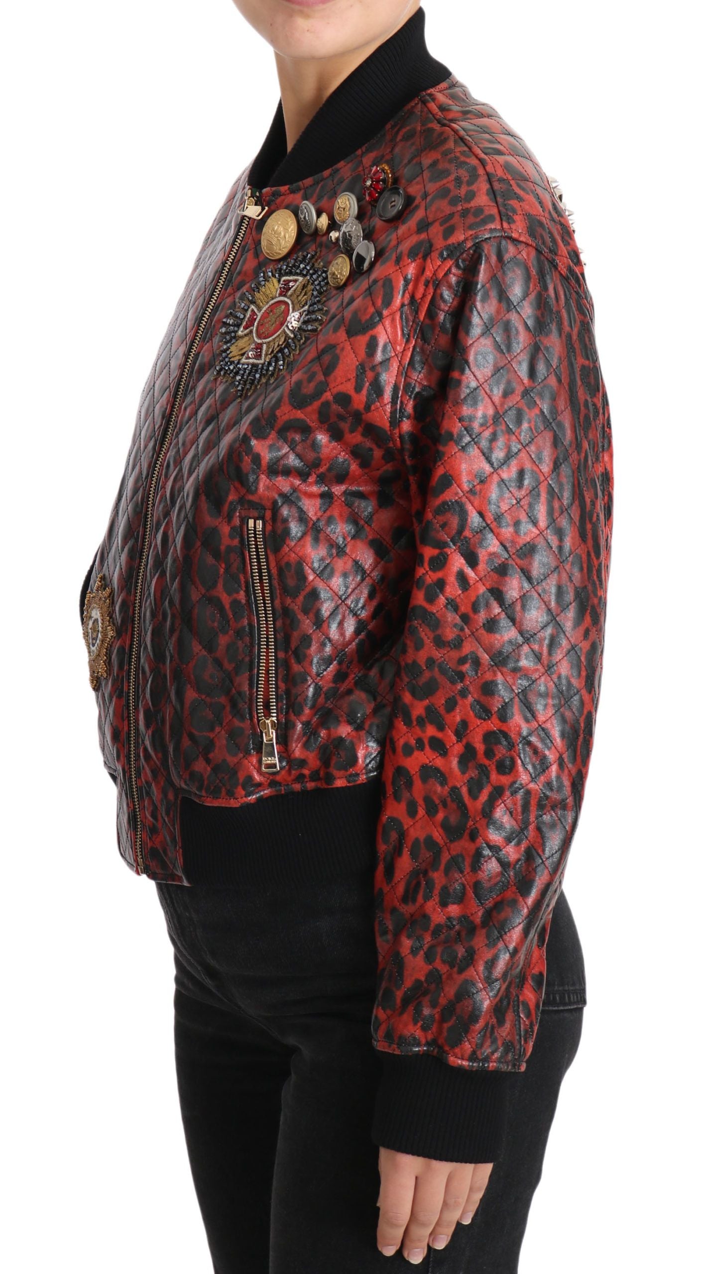 Dolce & Gabbana Red Leopard Bomber Leather Jacket with Crystal Buttons IT42 | M