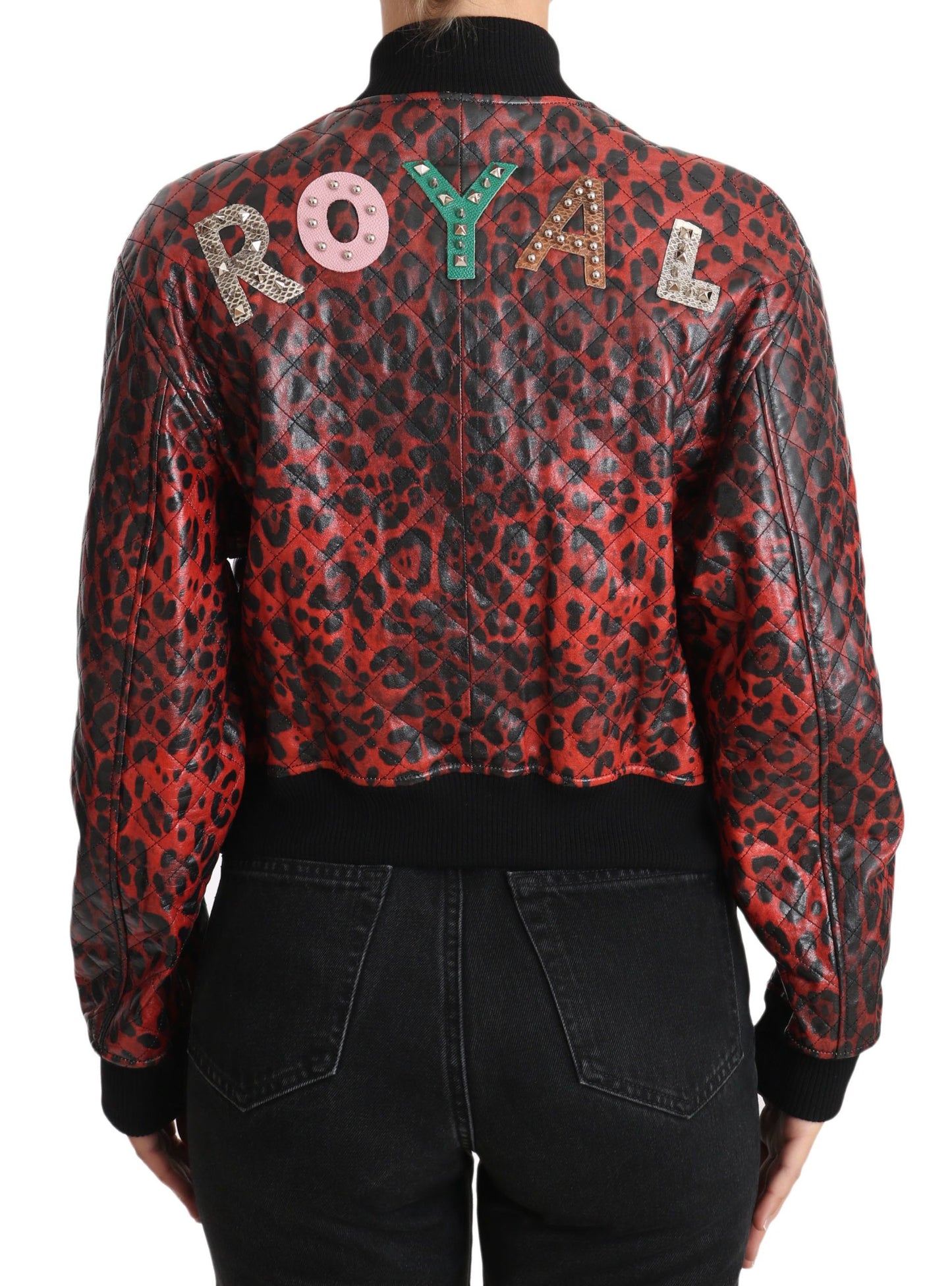 Dolce & Gabbana Red Leopard Bomber Leather Jacket with Crystal Buttons IT42 | M