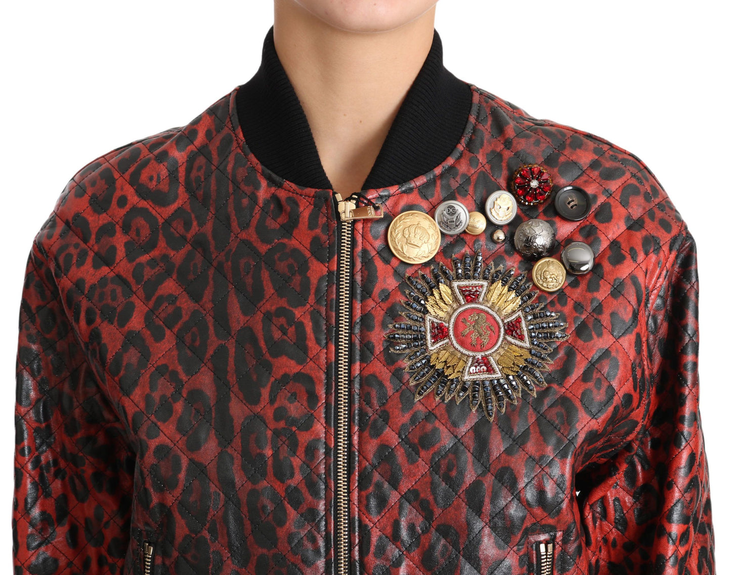 Dolce & Gabbana Red Leopard Bomber Leather Jacket with Crystal Buttons IT42 | M