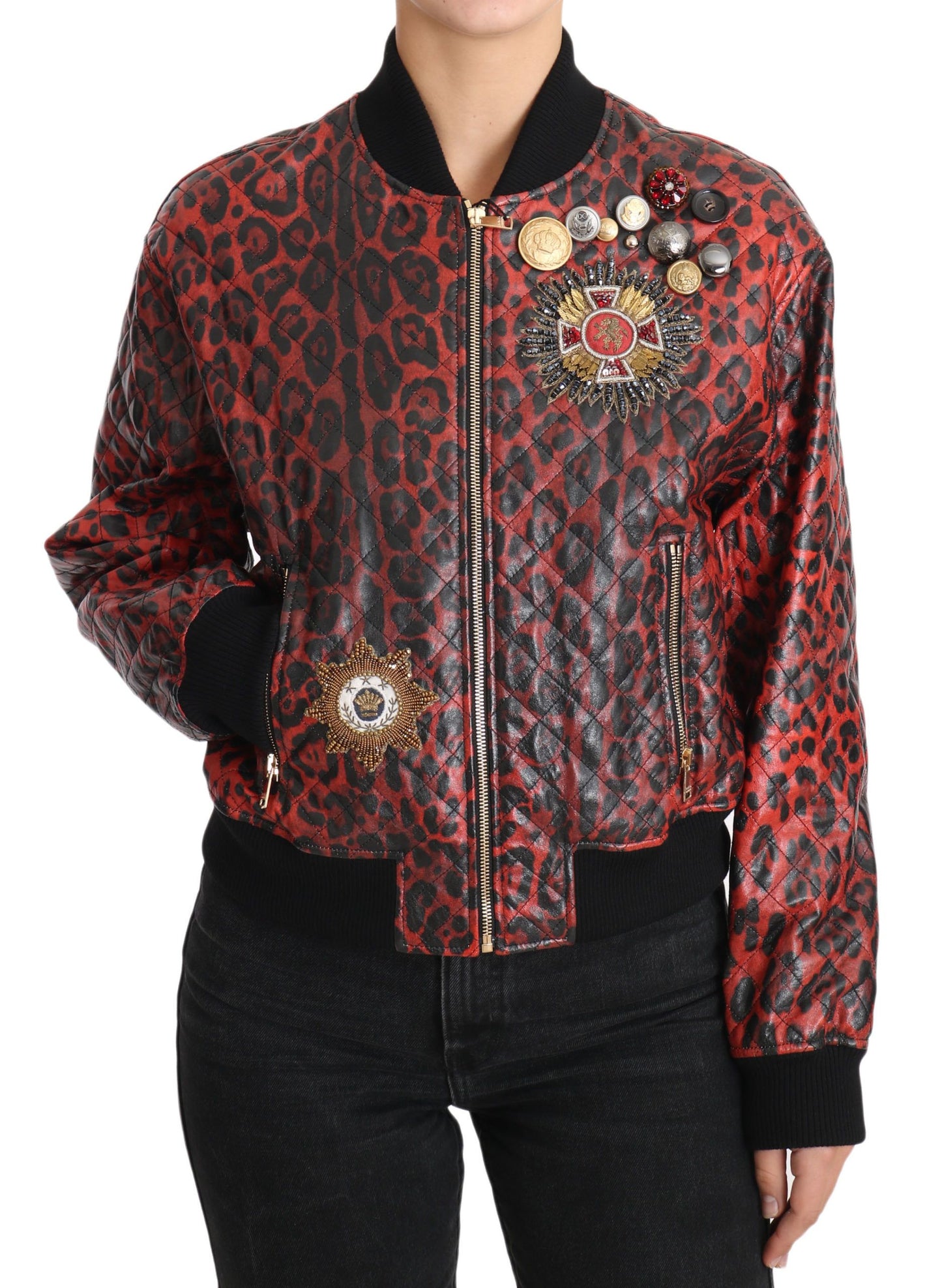 Dolce & Gabbana Red Leopard Bomber Leather Jacket with Crystal Buttons IT42 | M