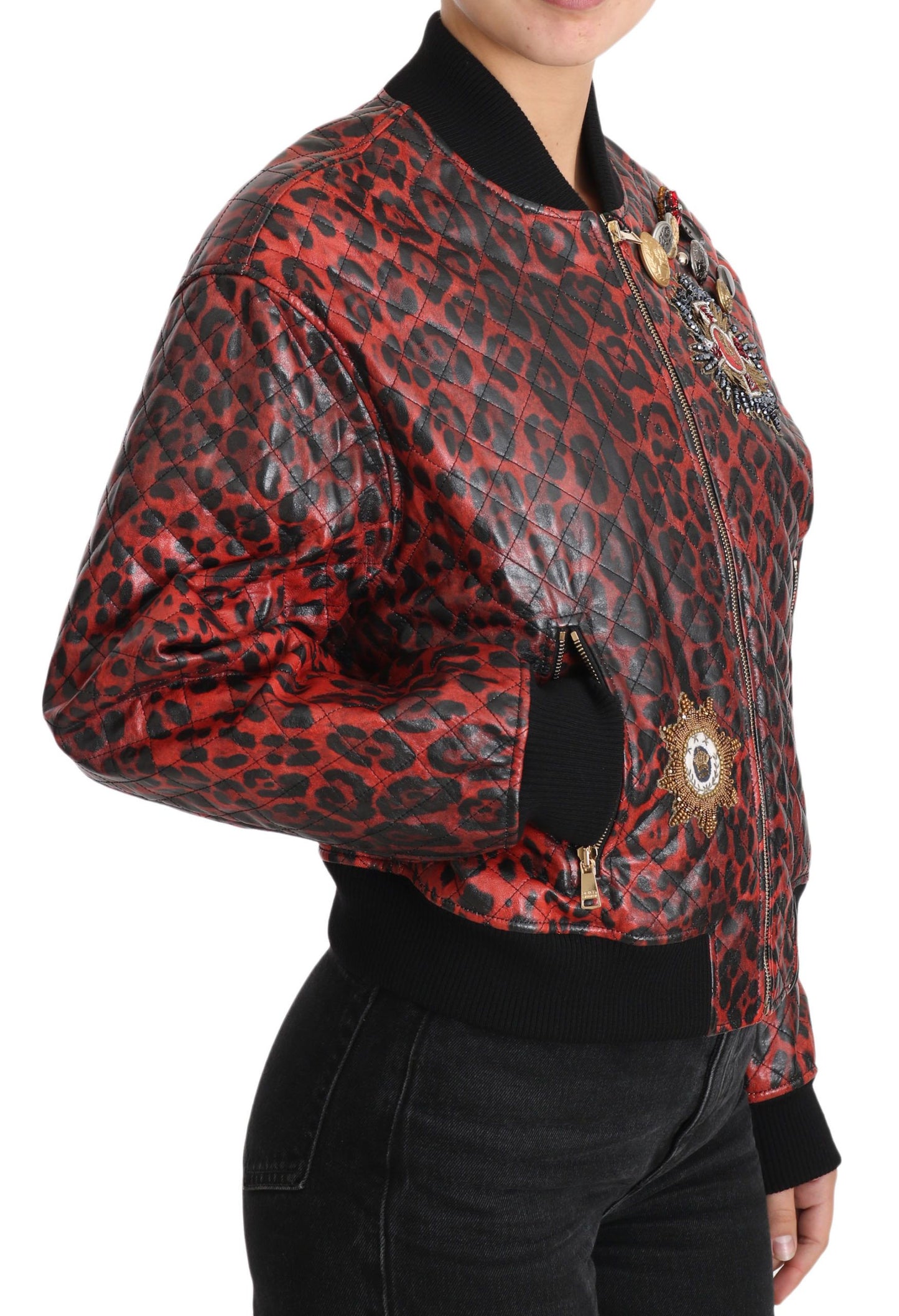 Dolce & Gabbana Red Leopard Bomber Leather Jacket with Crystal Buttons IT42 | M