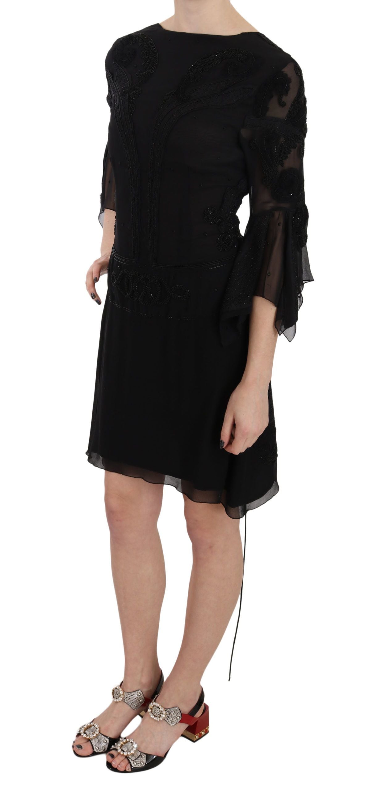 John Richmond Elegant Black Sequined Silk Mini Dress IT44 | L