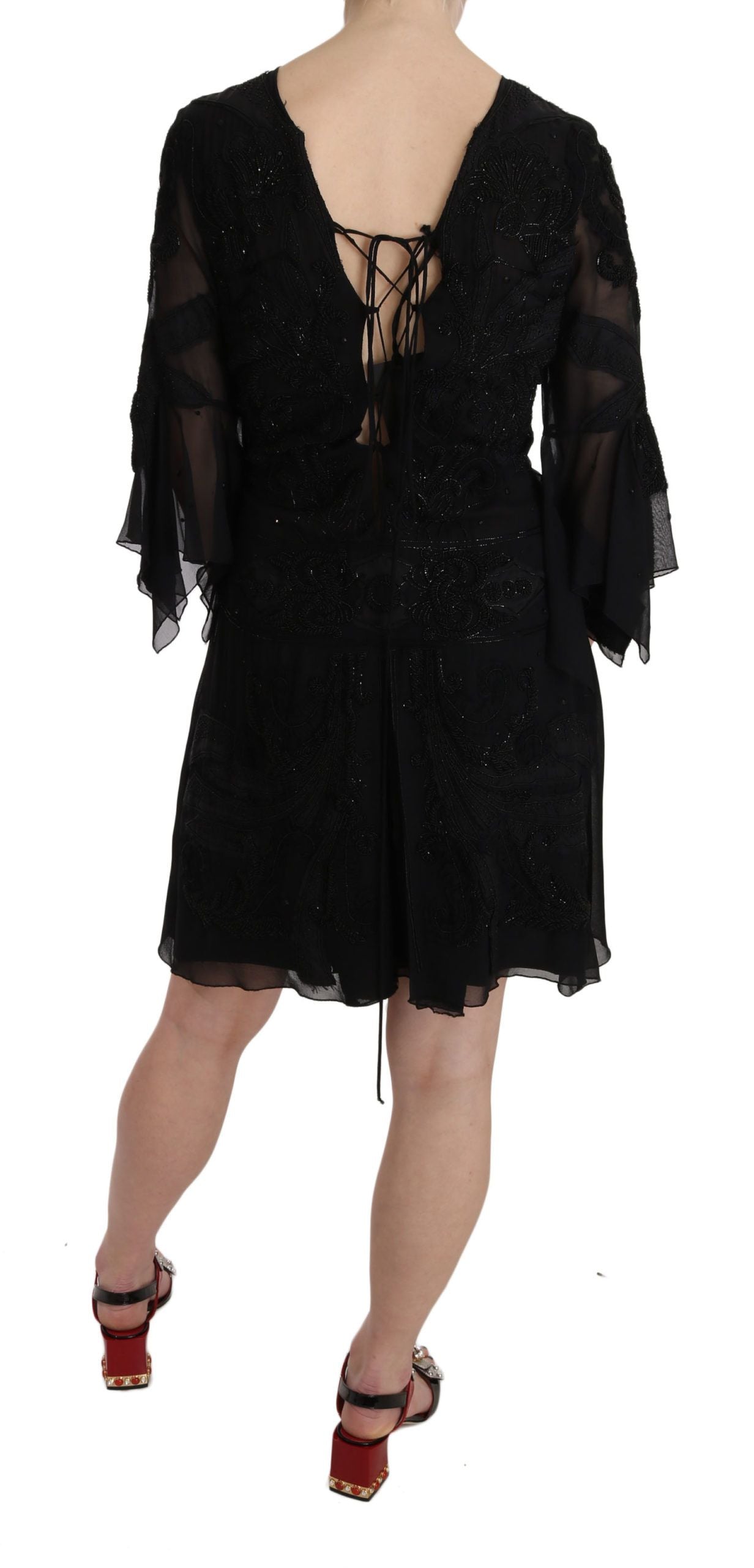 John Richmond Elegant Black Sequined Silk Mini Dress IT44 | L