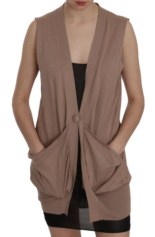 PINK MEMORIES Chic Sleeveless Cotton Cardigan Vest - Elegant Brown IT42 | M