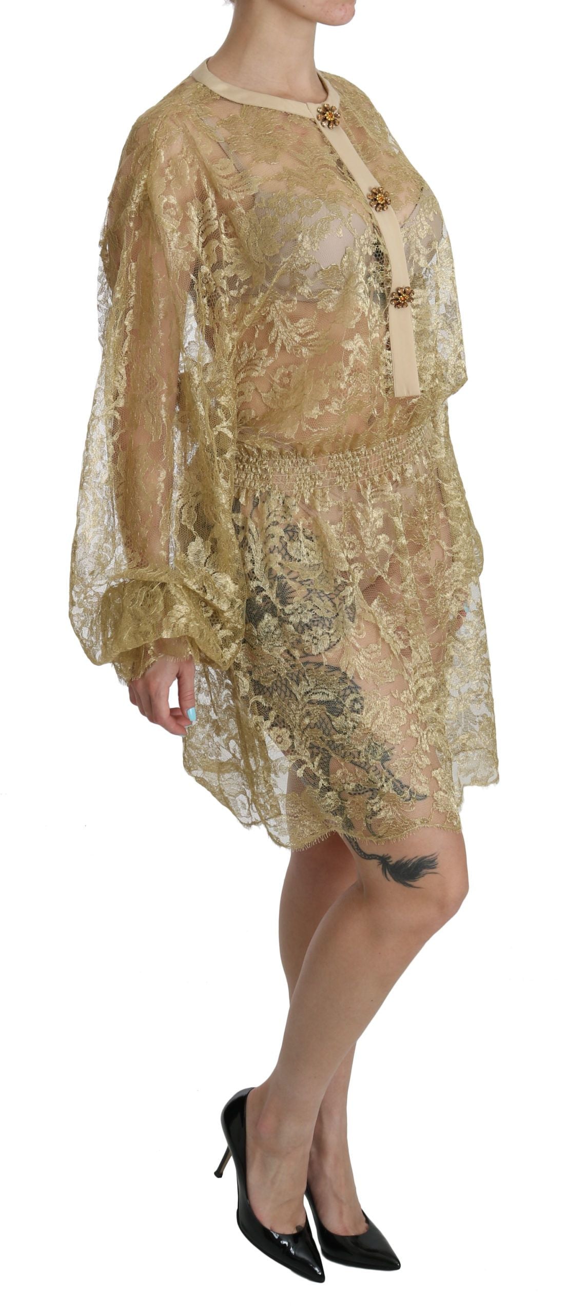 Dolce & Gabbana Elegant Gold Lace A-Line Knee Length Dress IT40 | S