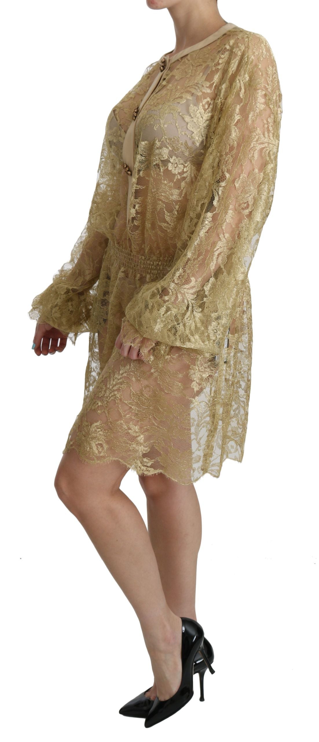 Dolce & Gabbana Elegant Gold Lace A-Line Knee Length Dress IT40 | S