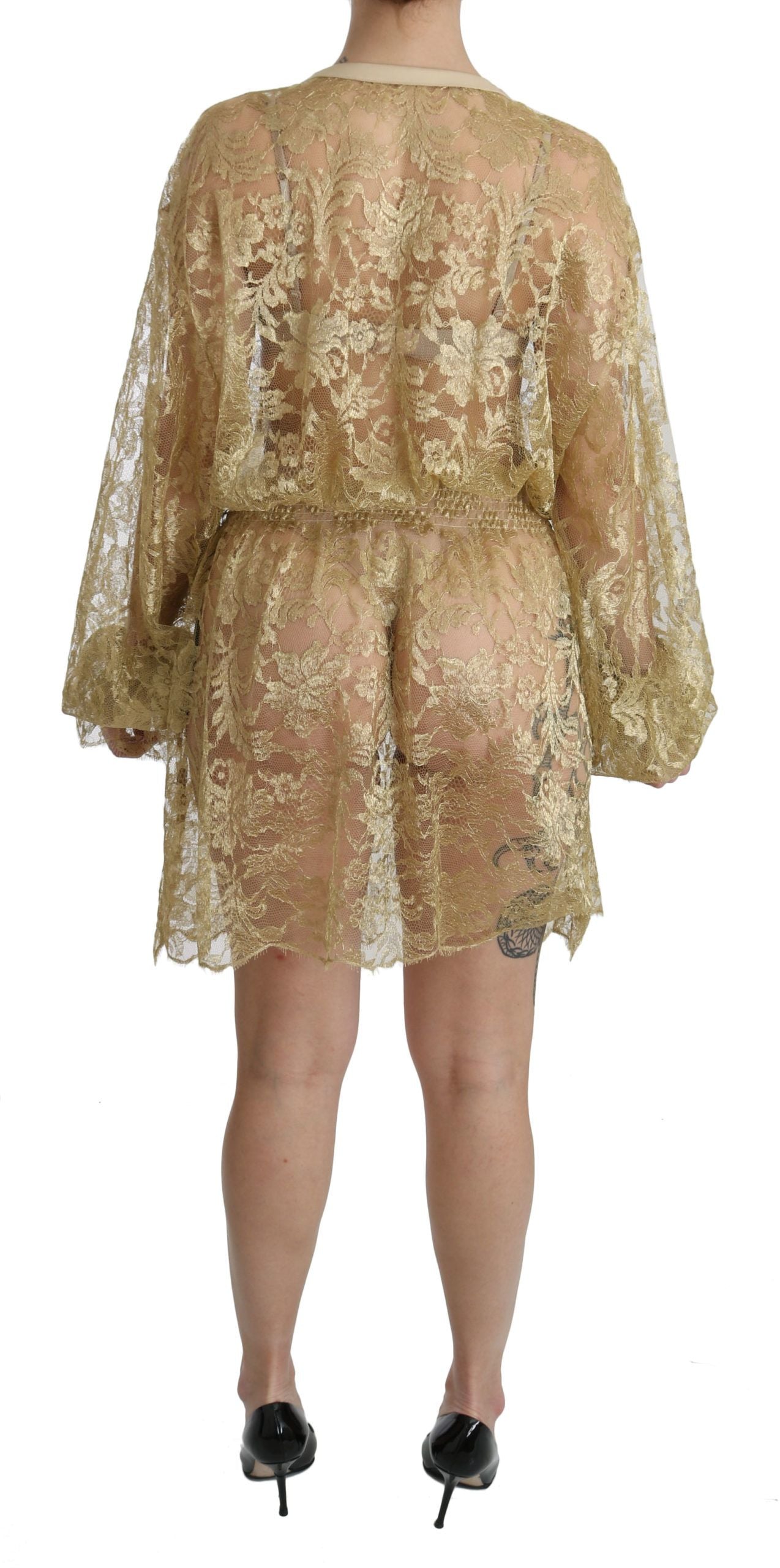 Dolce & Gabbana Elegant Gold Lace A-Line Knee Length Dress IT40 | S