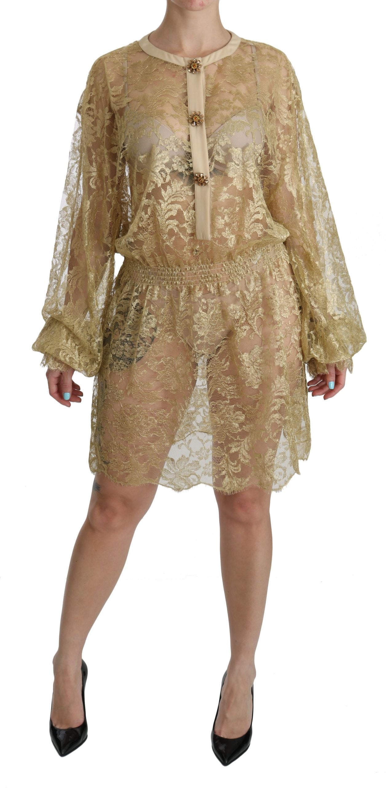 Dolce & Gabbana Elegant Gold Lace A-Line Knee Length Dress IT40 | S