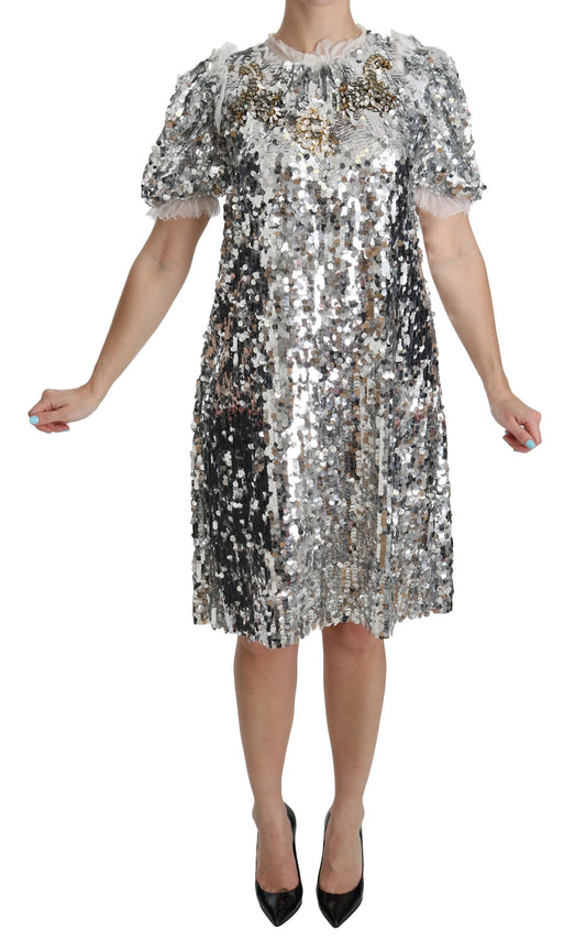 Dolce & Gabbana Elegant Silver A-Line Dress with Crystal Accents IT40 | S