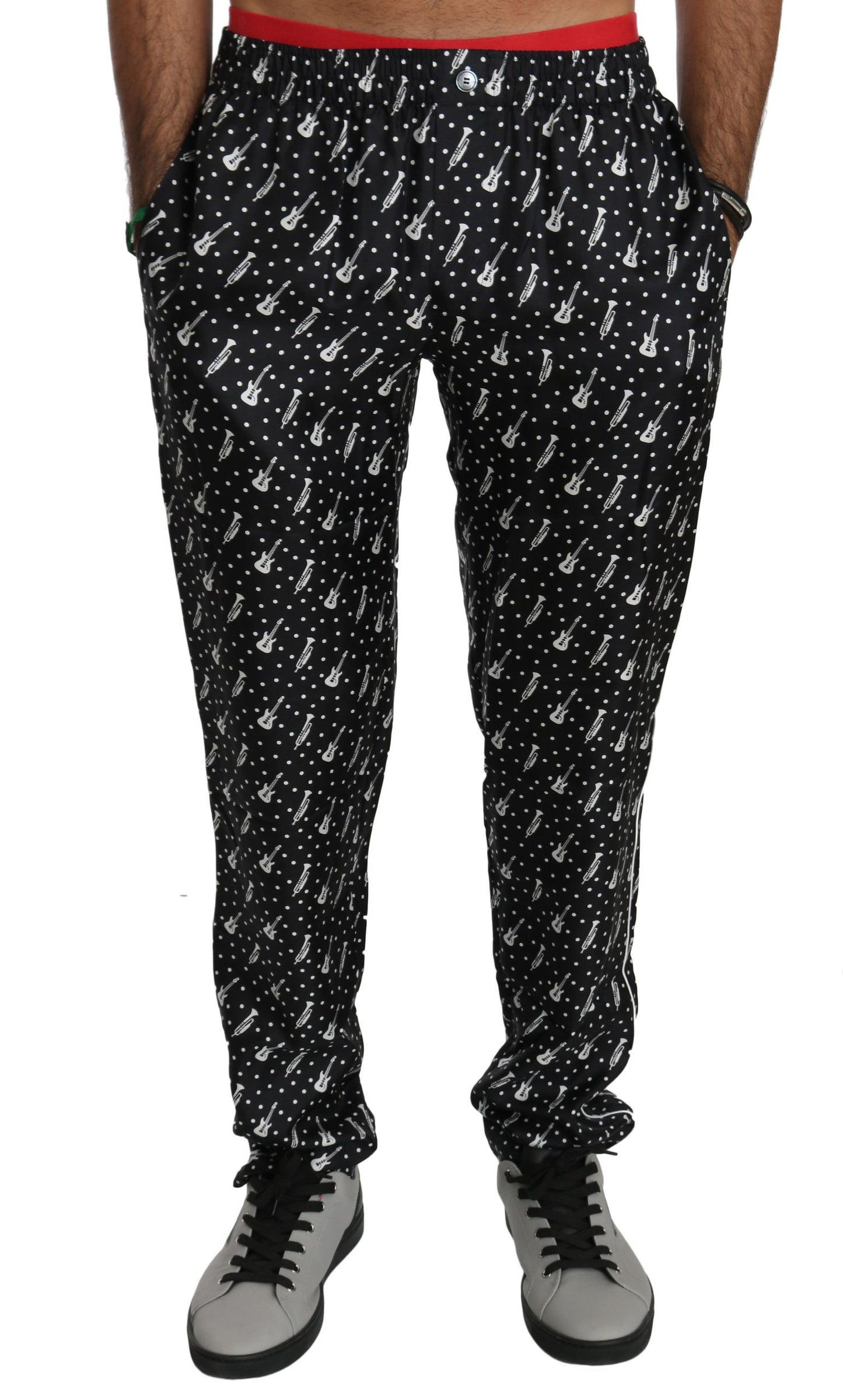 Dolce & Gabbana Elegant Black Musical Instrument Print Silk Pants IT46 / S