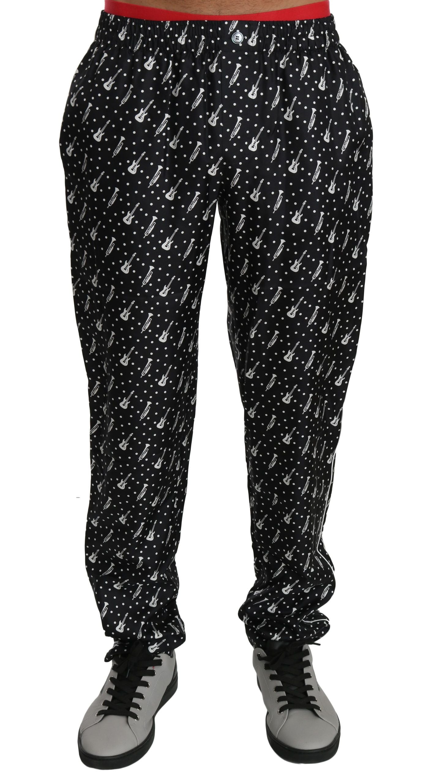 Dolce & Gabbana Elegant Black Musical Instrument Print Silk Pants IT46 / S