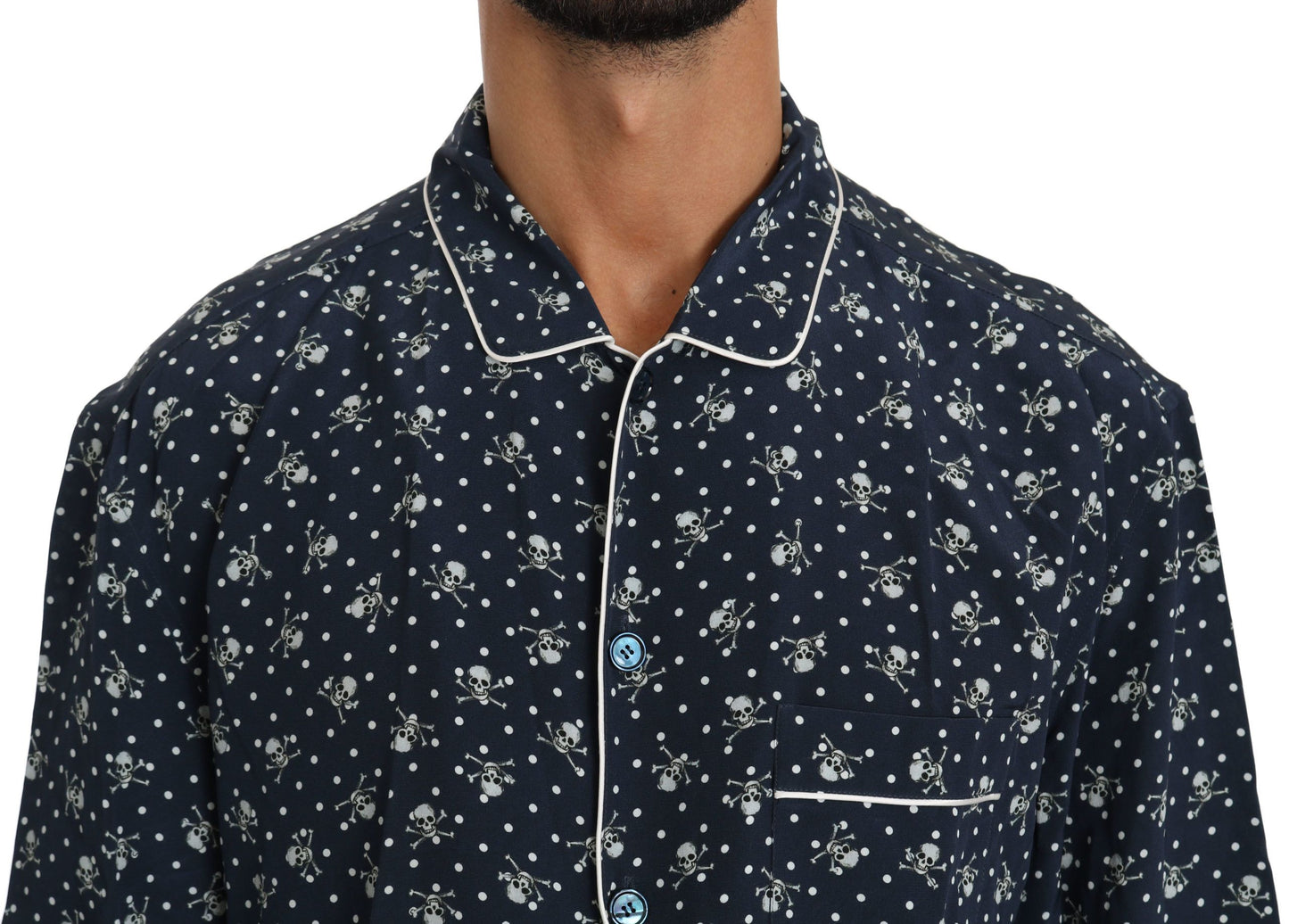 Dolce & Gabbana Silken Elegance: Blue Skull Print Lounge Shirt IT41 | L