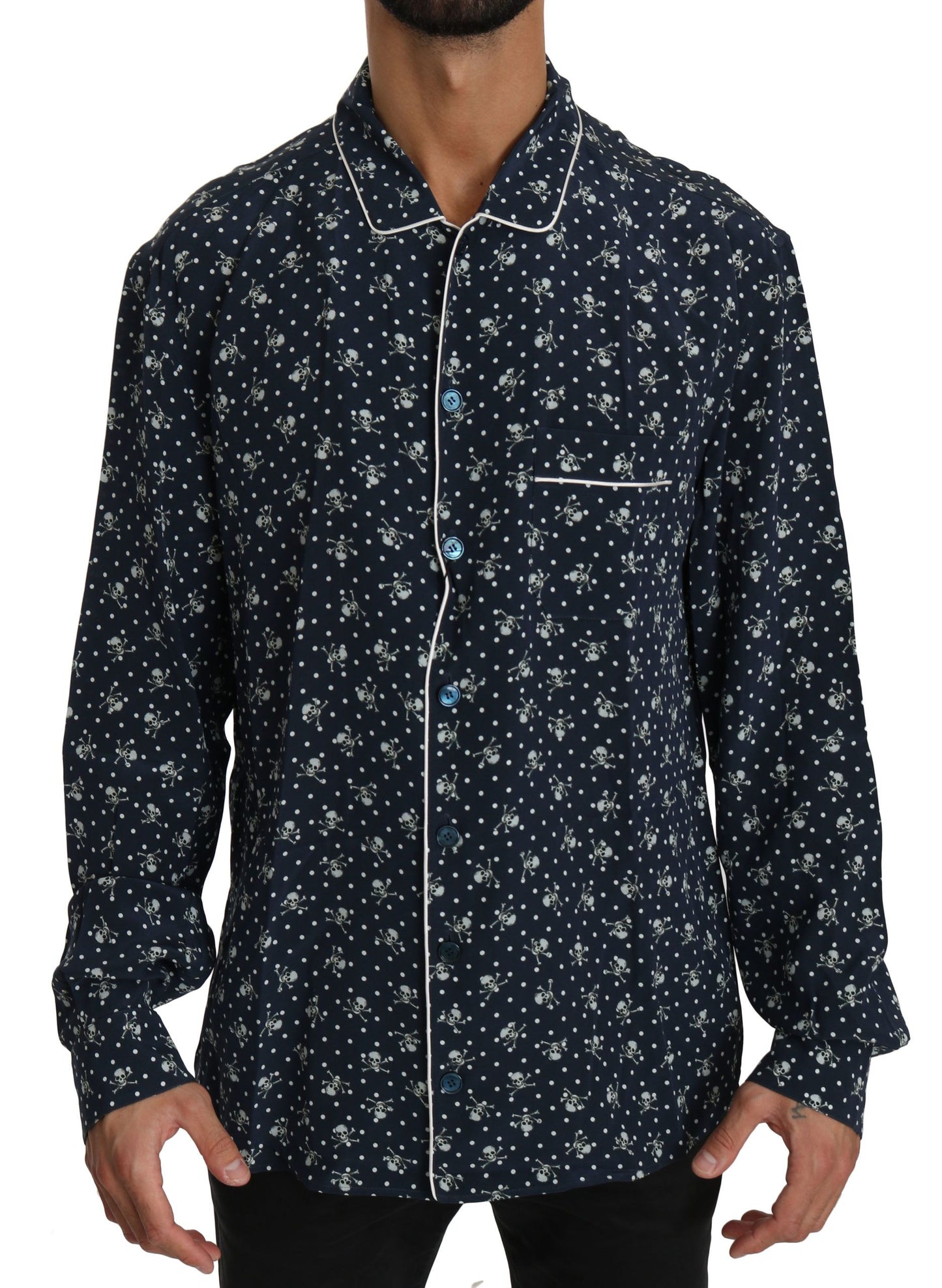 Dolce & Gabbana Silken Elegance: Blue Skull Print Lounge Shirt IT41 | L