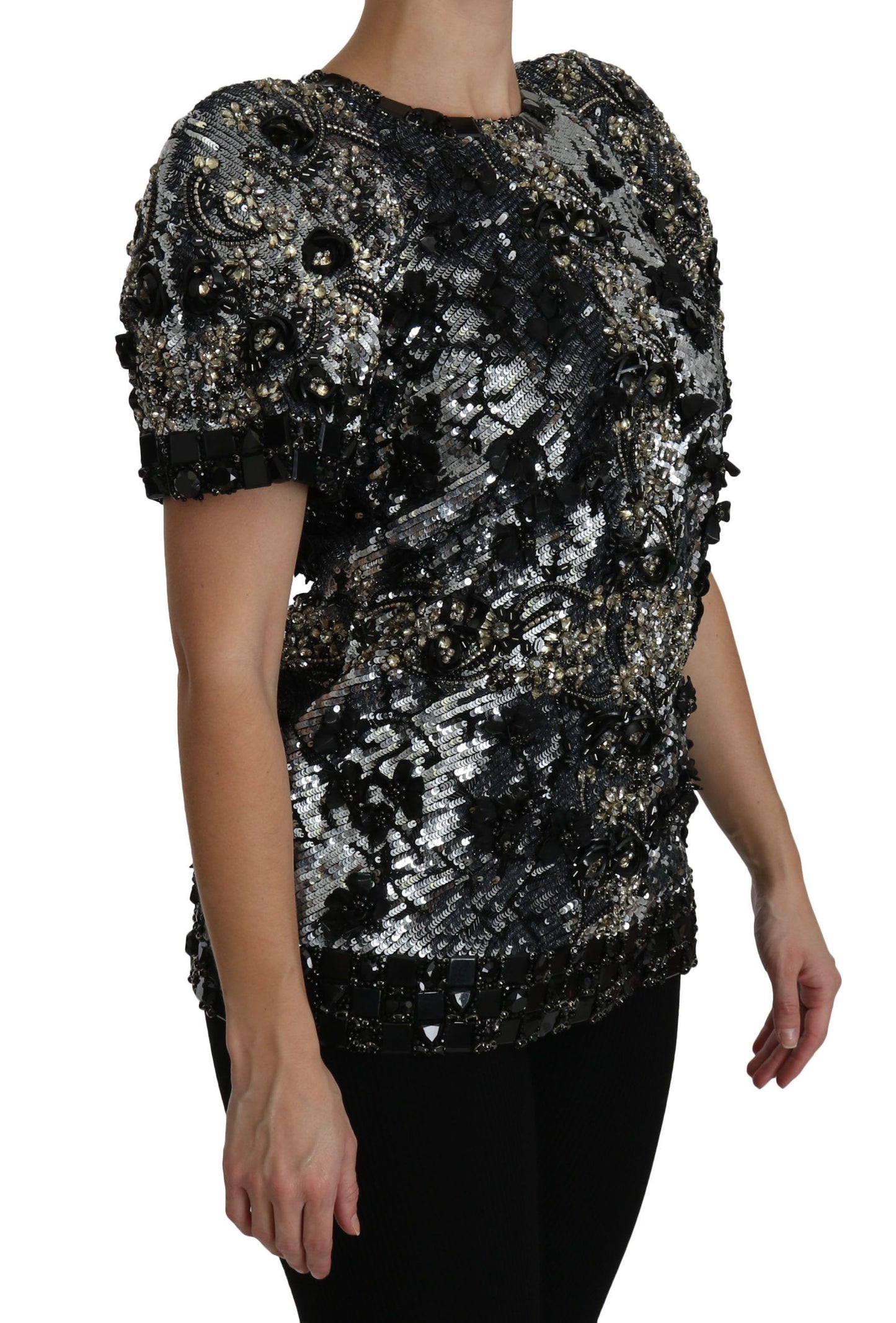 Dolce & Gabbana Sequined Crystal Embellished Crew Neck Top IT38 / XS