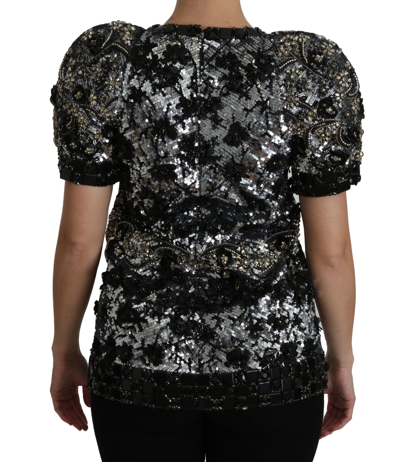 Dolce & Gabbana Sequined Crystal Embellished Crew Neck Top IT38 / XS