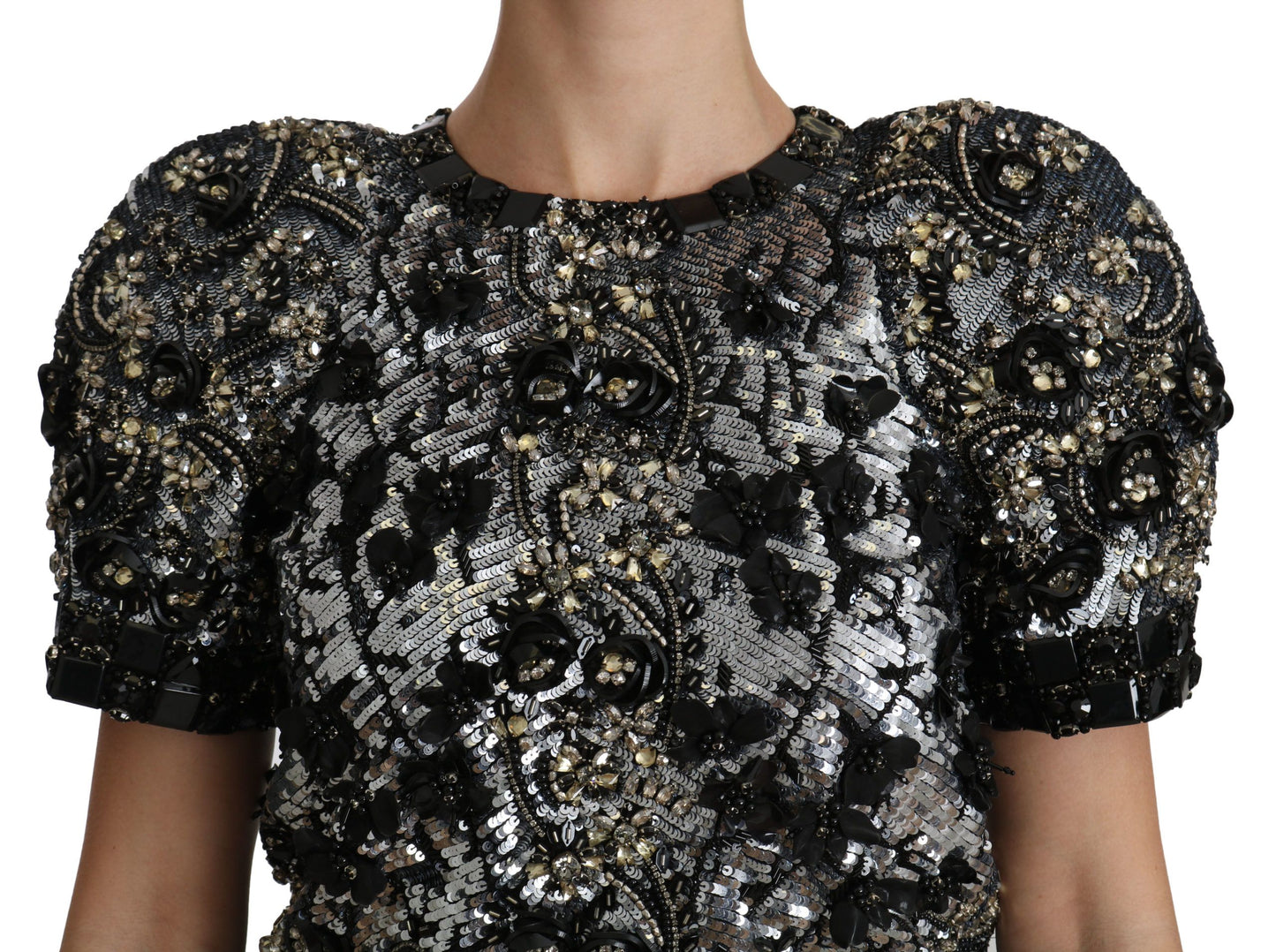 Dolce & Gabbana Sequined Crystal Embellished Crew Neck Top IT38 / XS