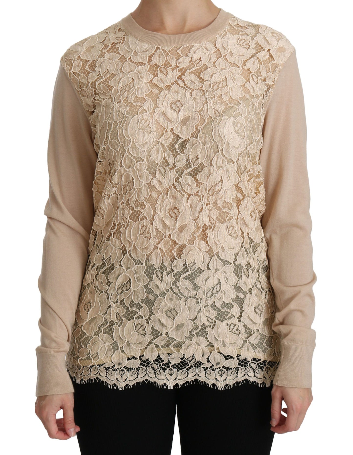 Dolce & Gabbana Elegant Beige Lace Crew Neck Cashmere Blouse IT38 / XS