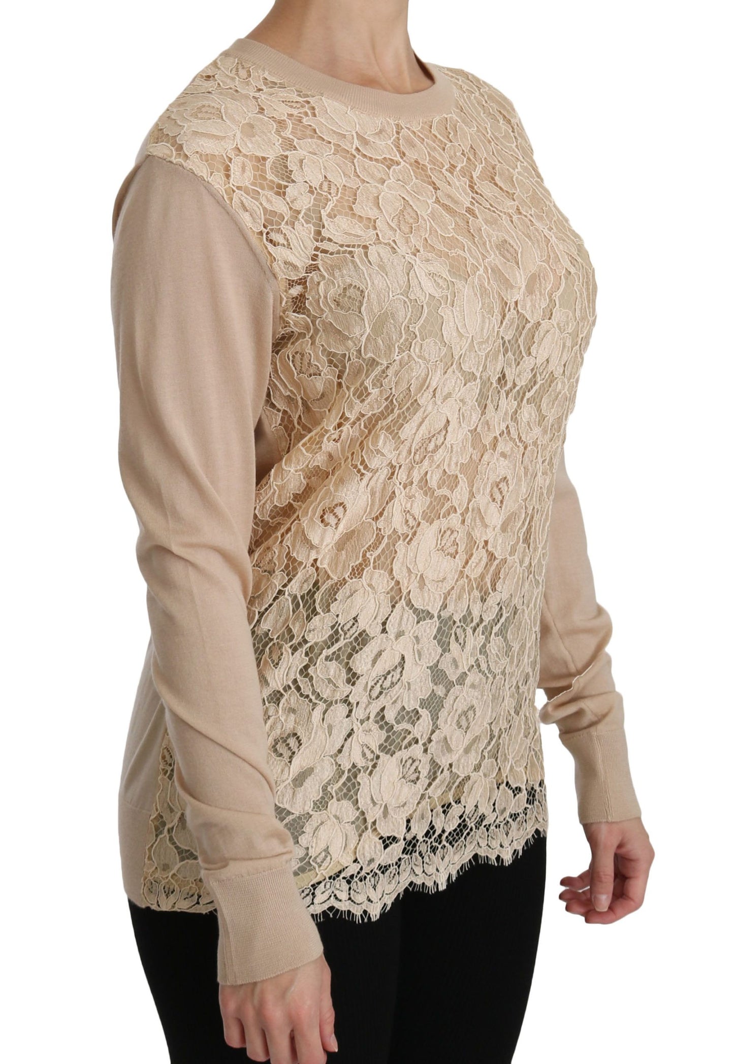 Dolce & Gabbana Elegant Beige Lace Crew Neck Cashmere Blouse IT38 / XS