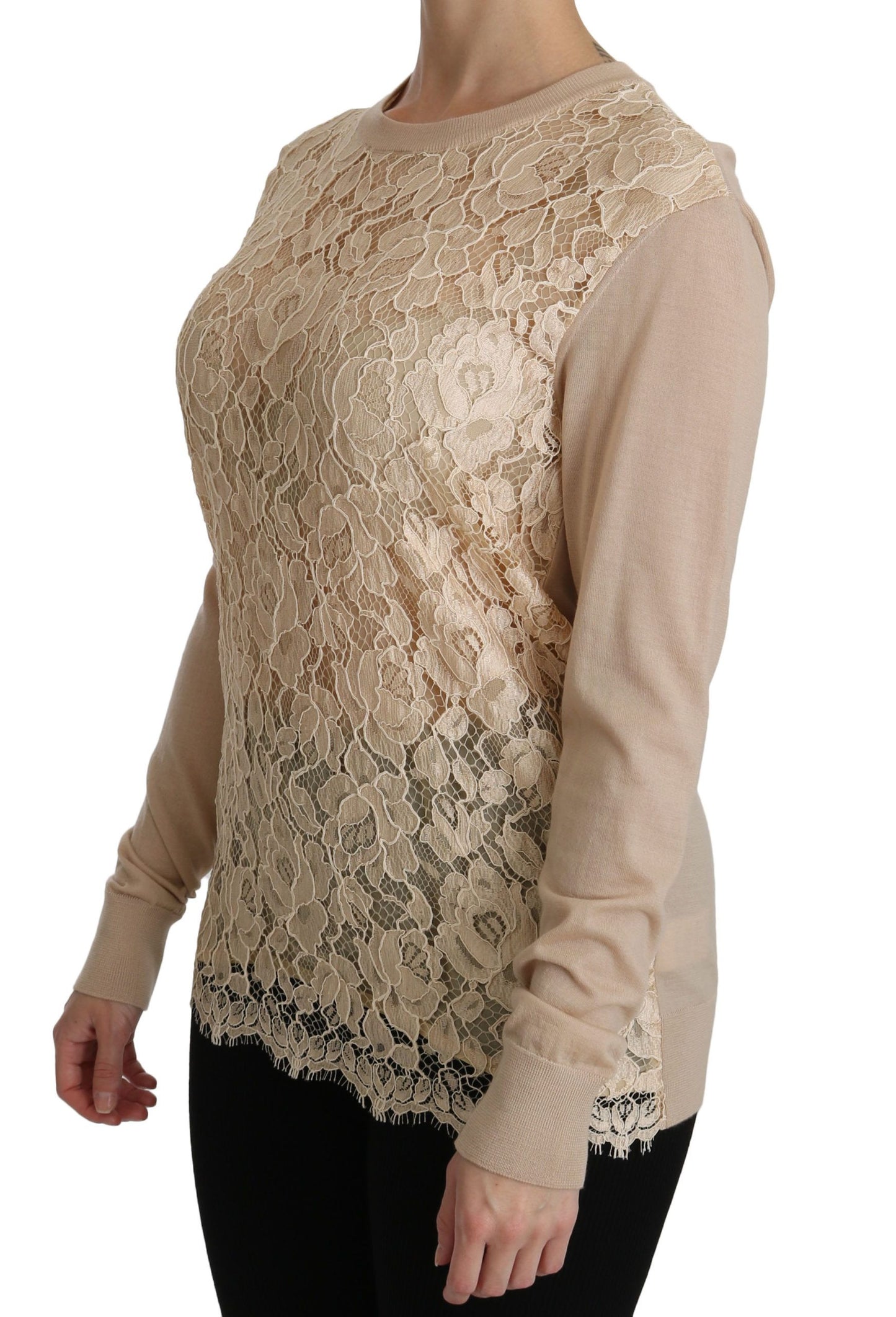 Dolce & Gabbana Elegant Beige Lace Crew Neck Cashmere Blouse IT38 / XS