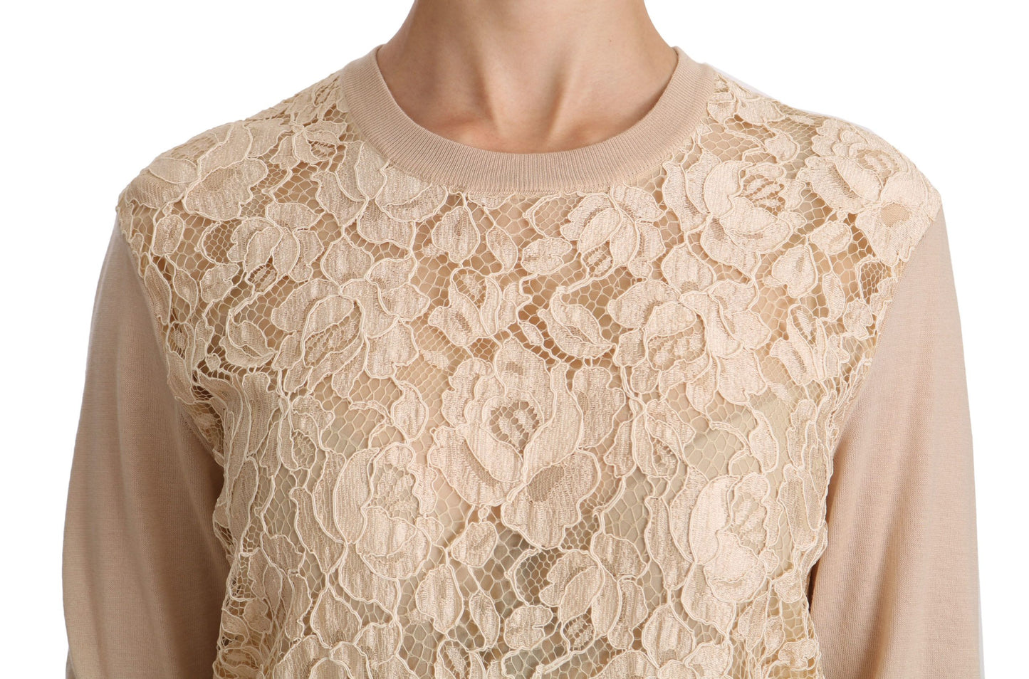 Dolce & Gabbana Elegant Beige Lace Crew Neck Cashmere Blouse IT38 / XS