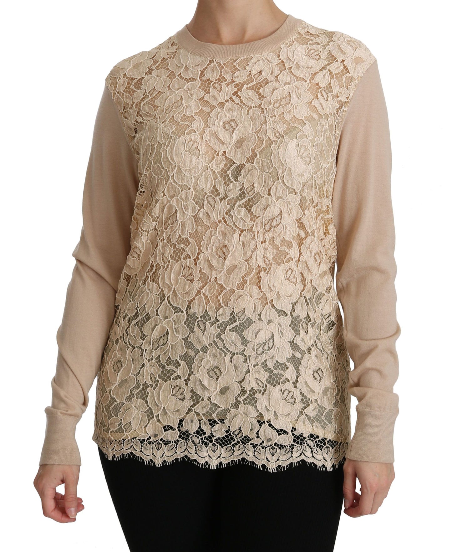 Dolce & Gabbana Elegant Beige Lace Crew Neck Cashmere Blouse IT38 / XS