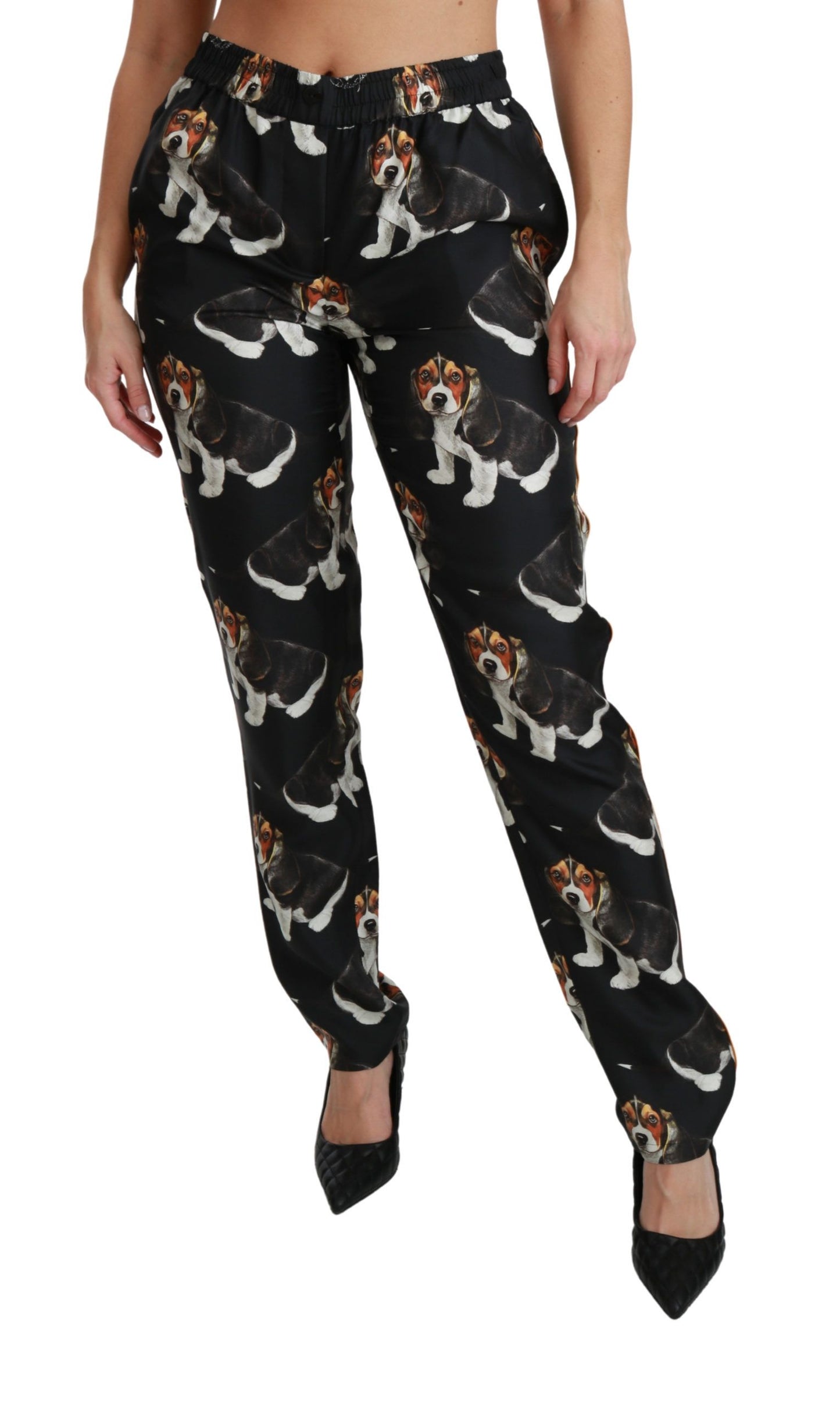 Dolce & Gabbana Elegant Silk Puppy Dog Print Pants IT42 | M