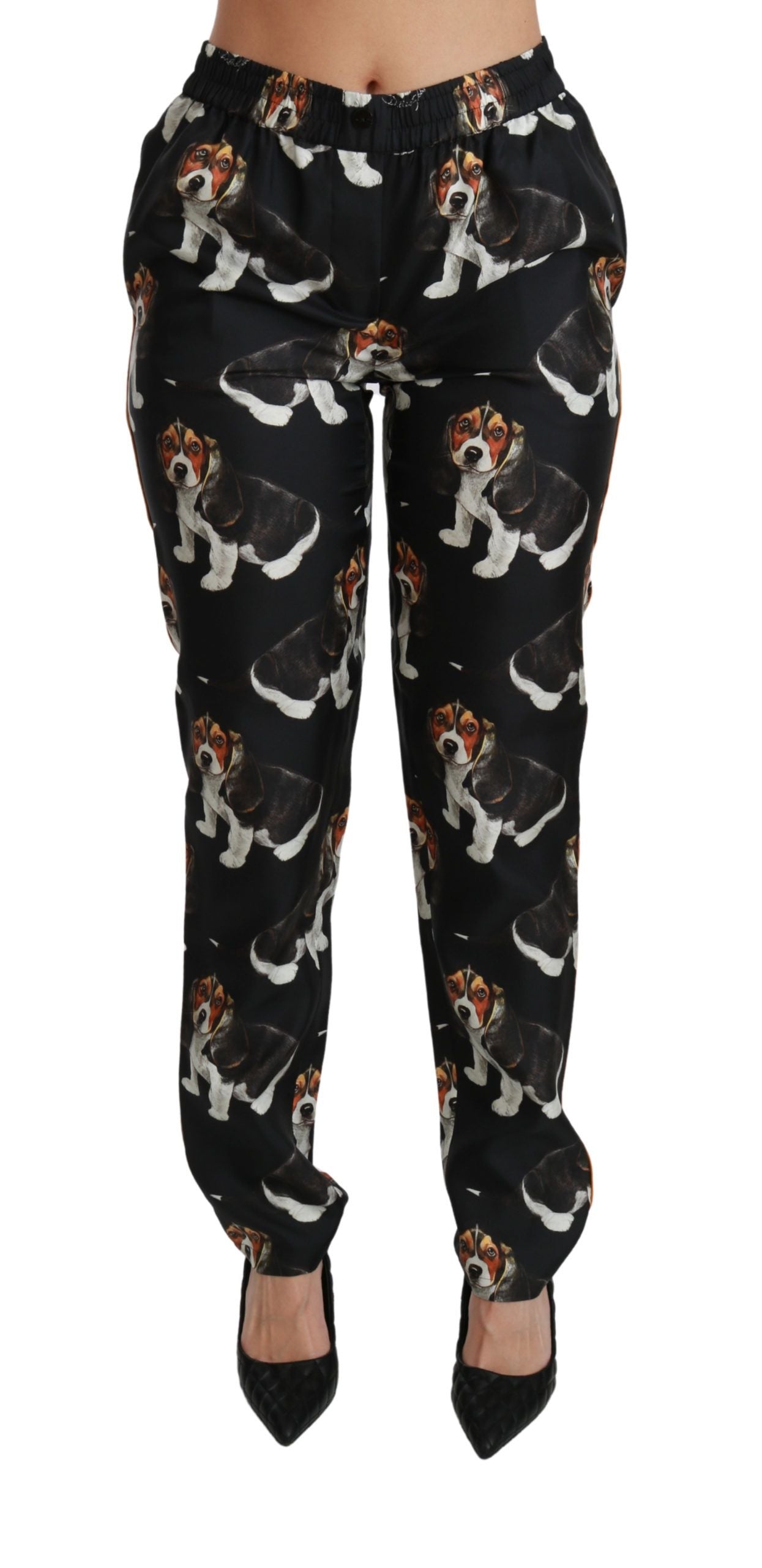 Dolce & Gabbana Elegant Silk Puppy Dog Print Pants IT42 | M