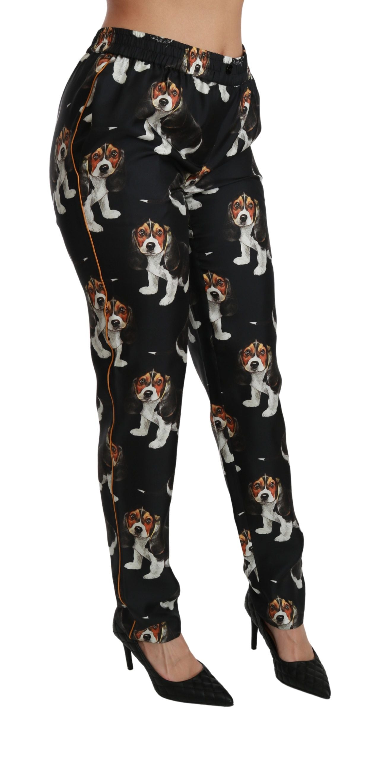 Dolce & Gabbana Elegant Silk Puppy Dog Print Pants IT42 | M