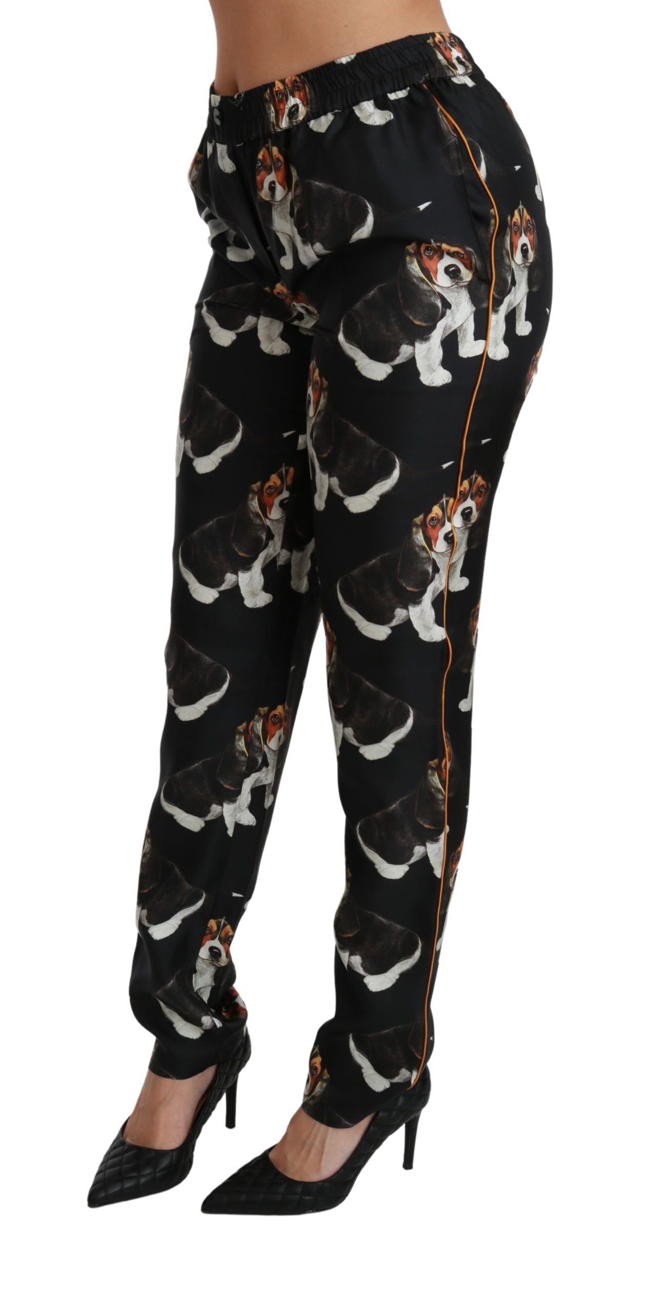 Dolce & Gabbana Elegant Silk Puppy Dog Print Pants IT42 | M