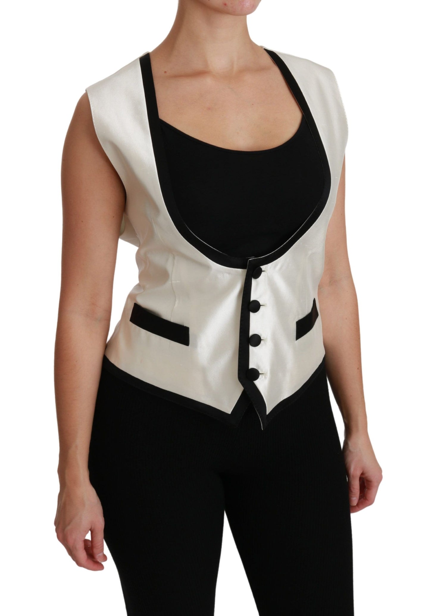 Dolce & Gabbana Elegant Silk Sleeveless Vest in Black &  White IT40 | S