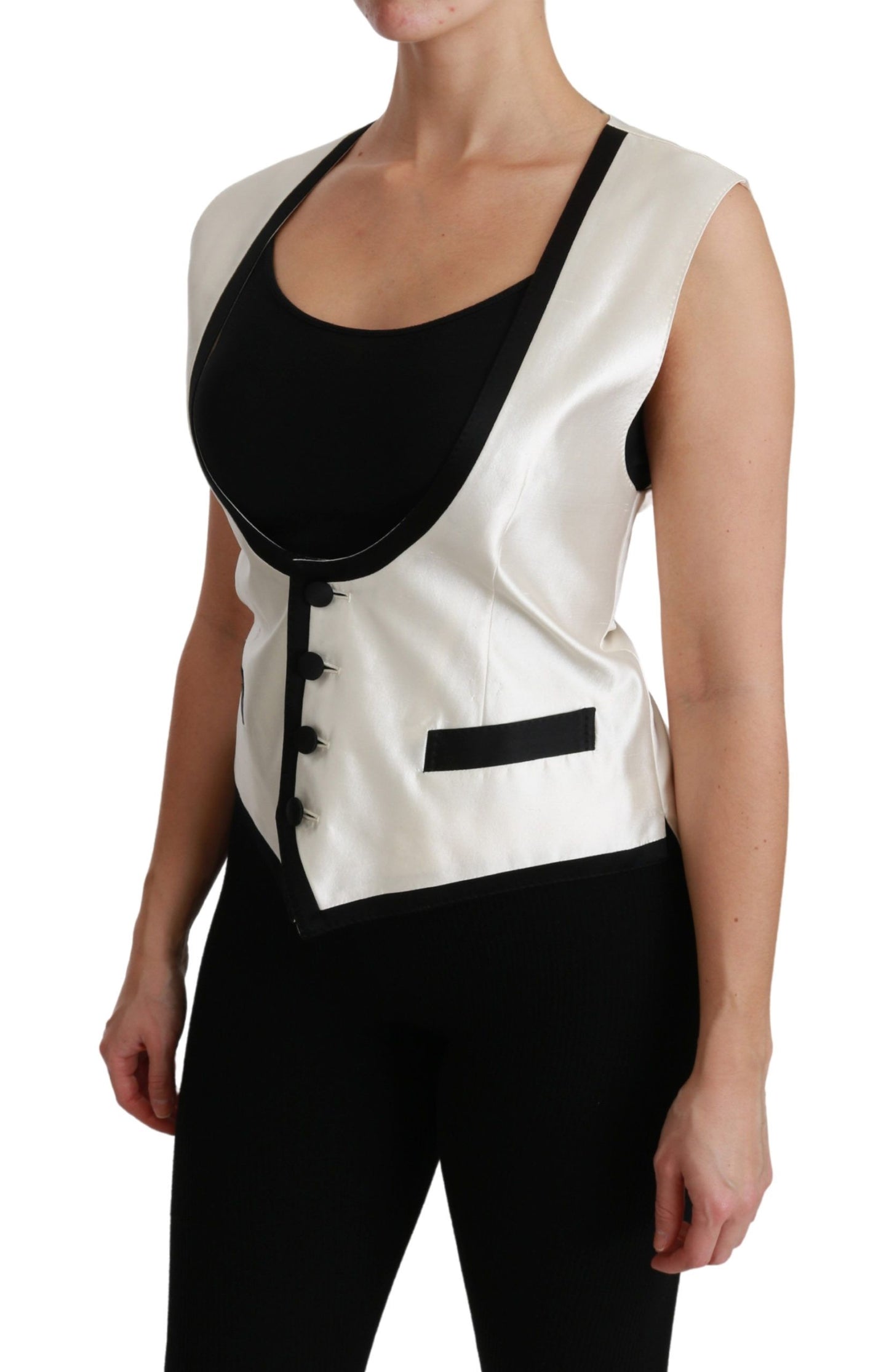 Dolce & Gabbana Elegant Silk Sleeveless Vest in Black &  White IT40 | S