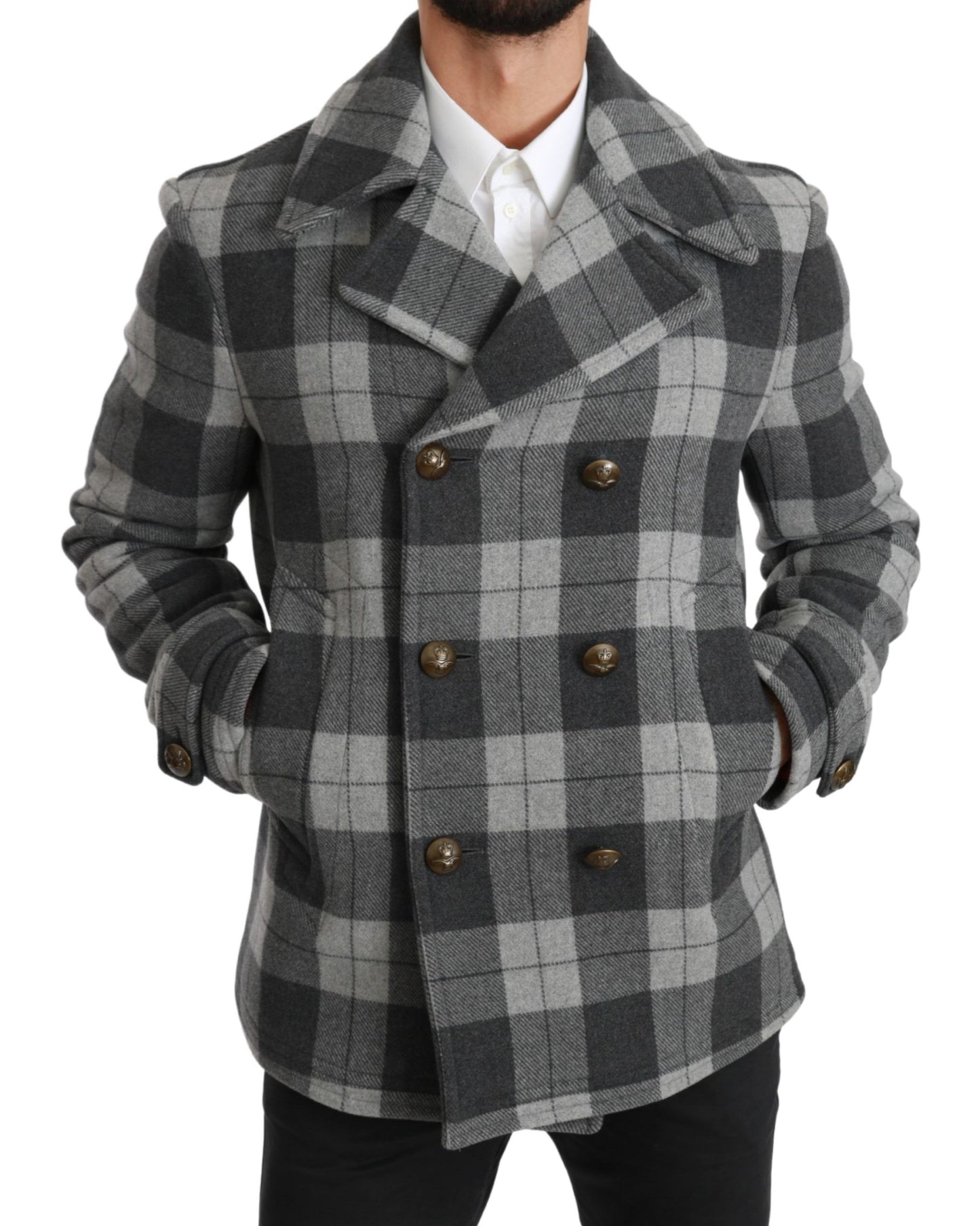 Dolce & Gabbana Elegant Gray Check Double Breasted Coat IT44 / XS