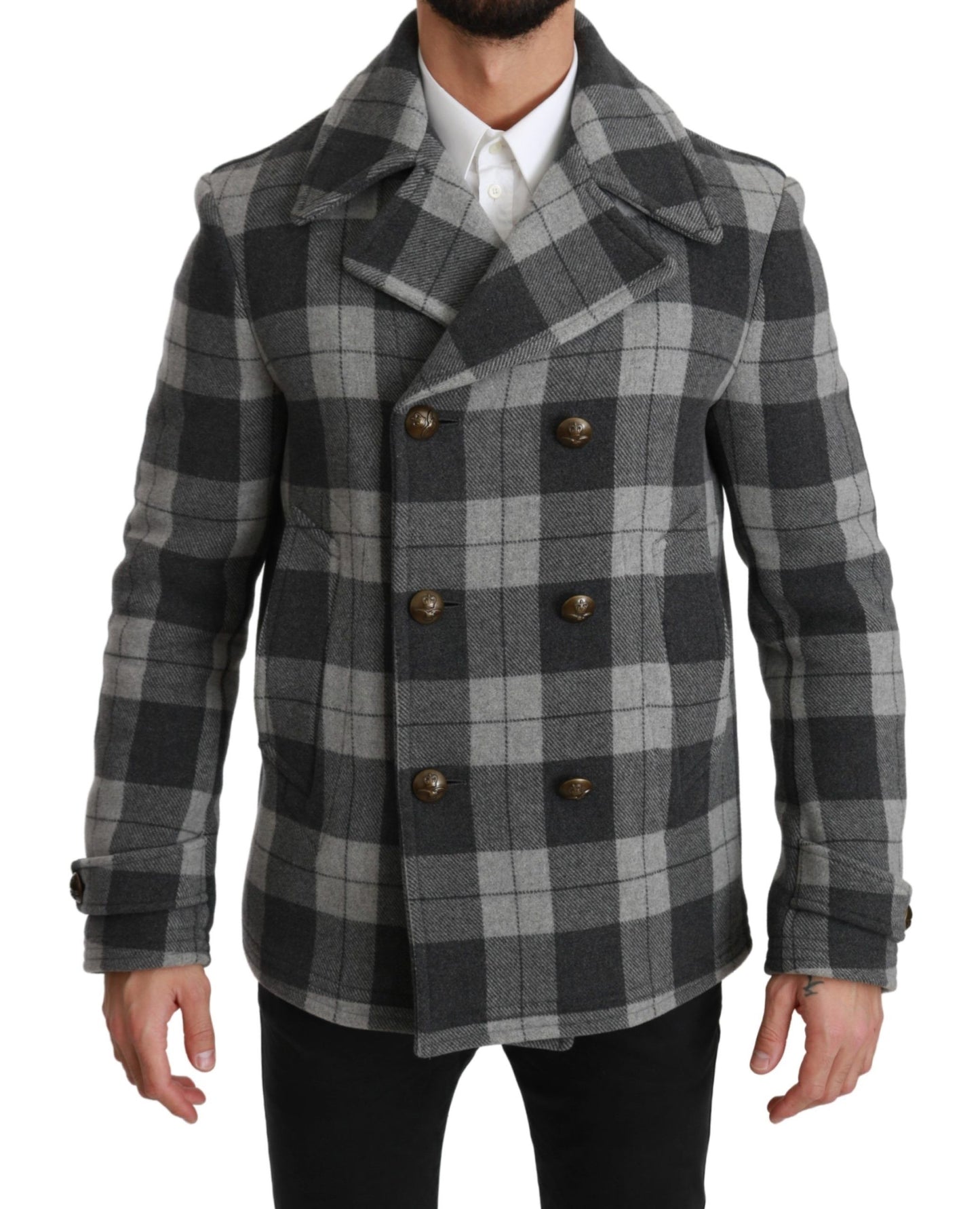 Dolce & Gabbana Elegant Gray Check Double Breasted Coat IT44 / XS