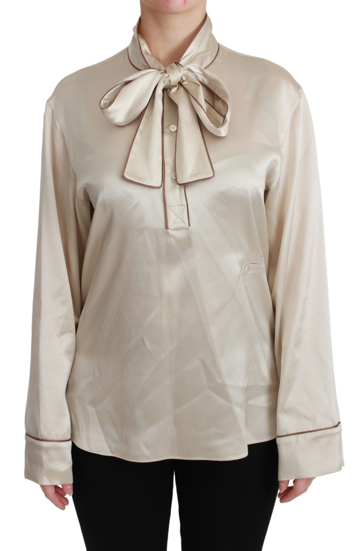 Dolce & Gabbana Elegant Beige Silk Satin Blouse with QUEEN Embroidery