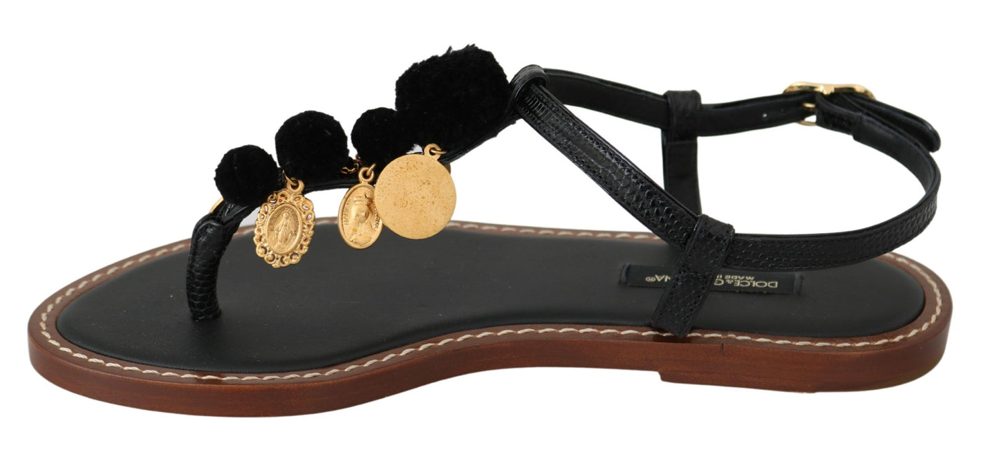 Dolce & Gabbana Pom Pom Flip Flop Ankle Strap Flats EU35 / US4.5