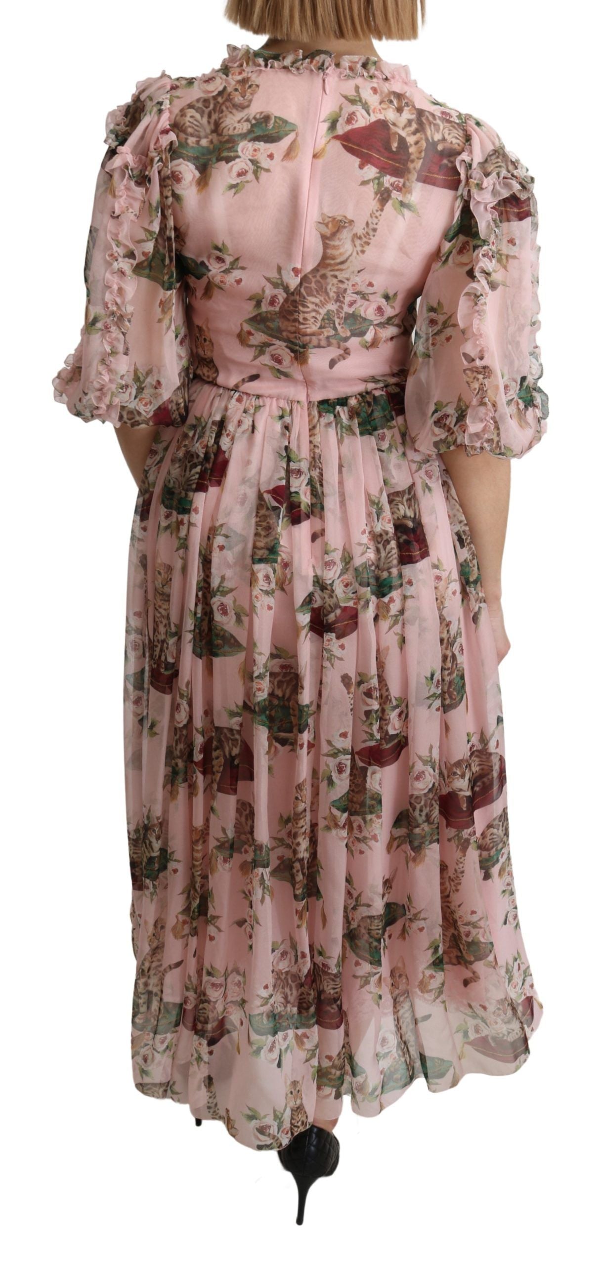 Dolce & Gabbana Elegant Pink Bengal Cat Print A-Line Maxi Dress IT38 | XS