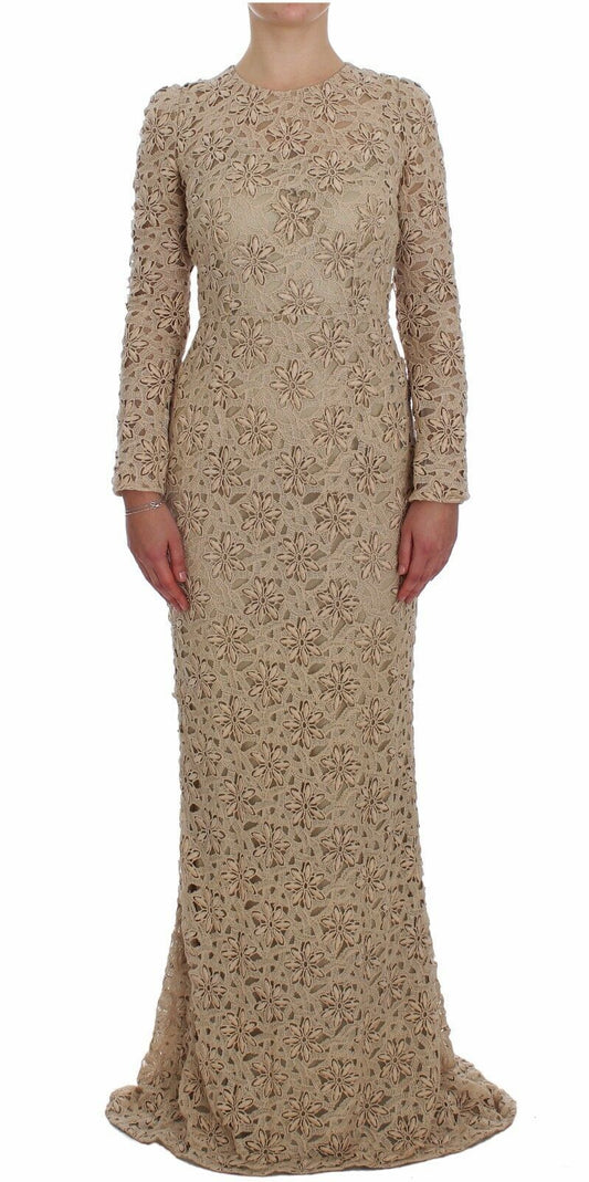 Dolce & Gabbana Beige Floral Lace Long Sleeve Maxi Dress IT40 / S