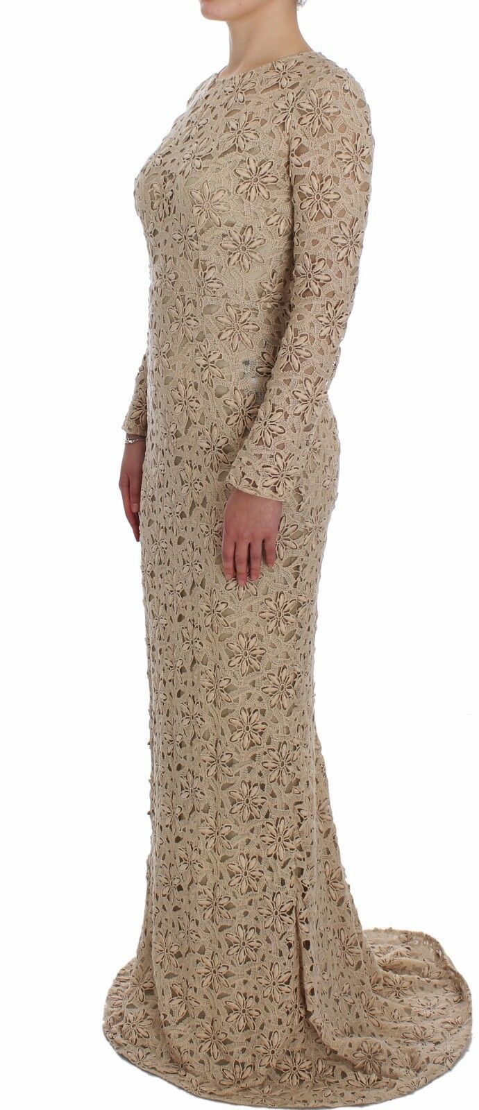 Dolce & Gabbana Beige Floral Lace Long Sleeve Maxi Dress IT40 / S