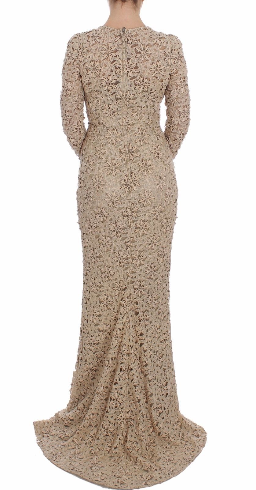 Dolce & Gabbana Beige Floral Lace Long Sleeve Maxi Dress IT40 / S