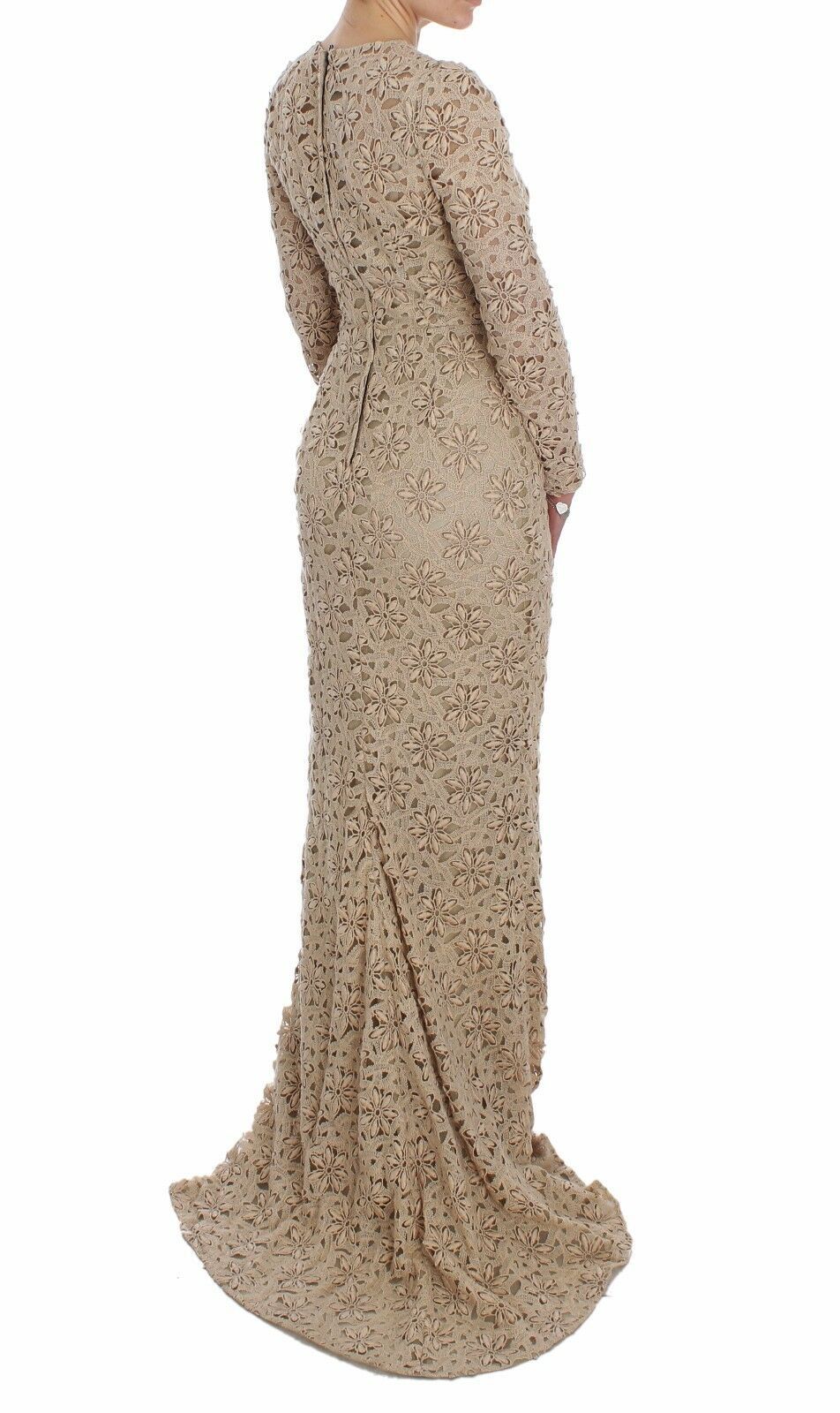 Dolce & Gabbana Beige Floral Lace Long Sleeve Maxi Dress IT40 / S