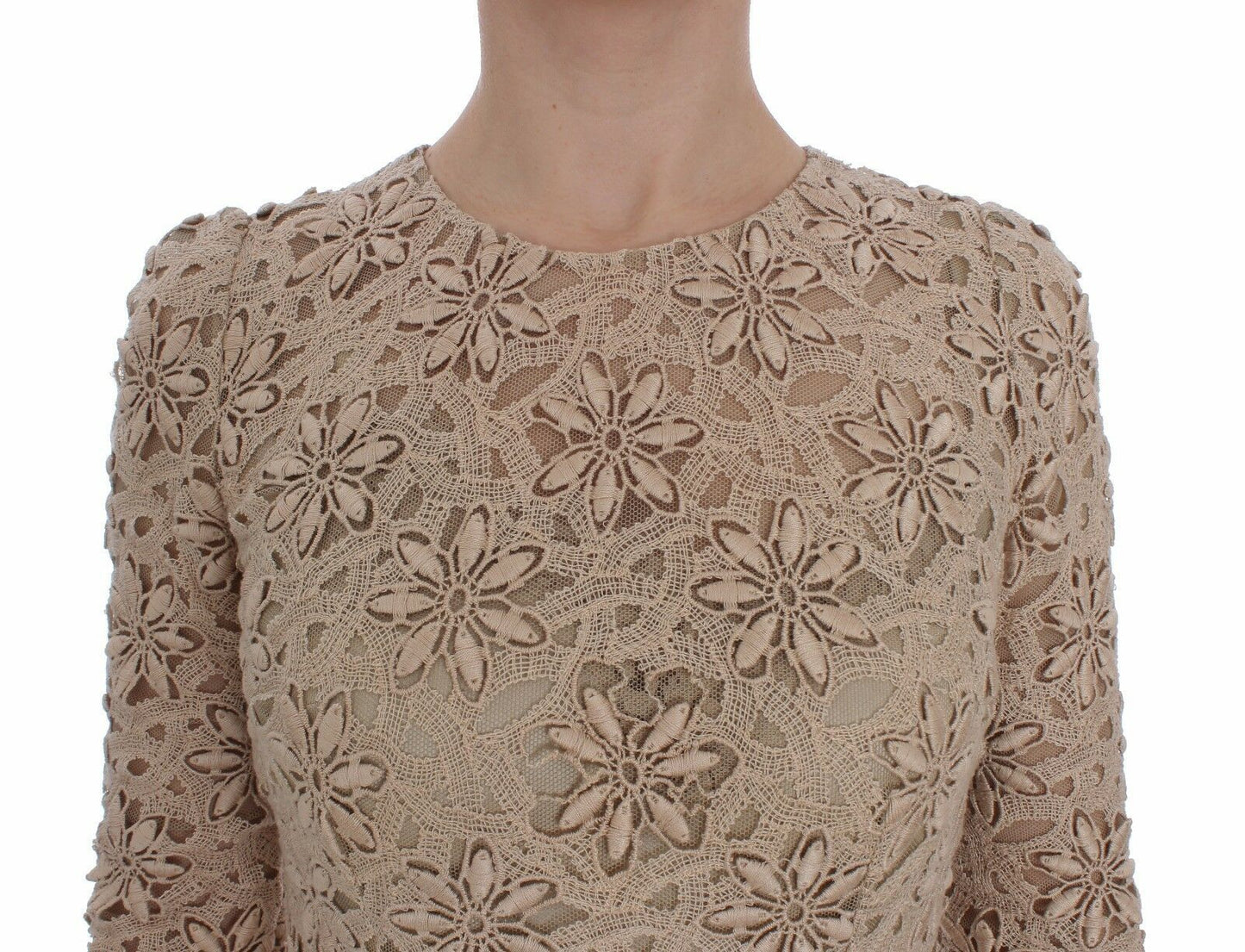 Dolce & Gabbana Beige Floral Lace Long Sleeve Maxi Dress IT40 / S