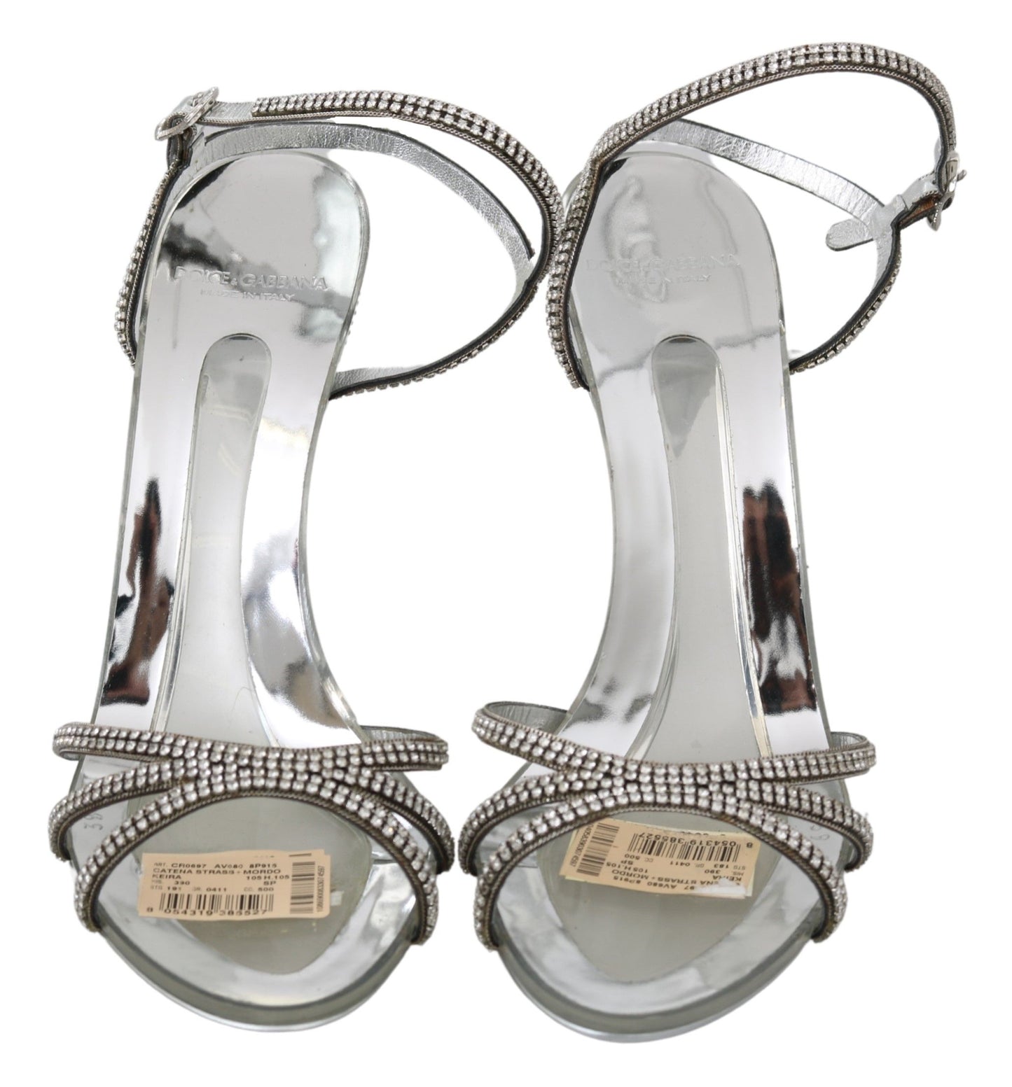 Dolce & Gabbana Silver Leather Ankle Strap Sandals with Crystals EU39 / US8.5