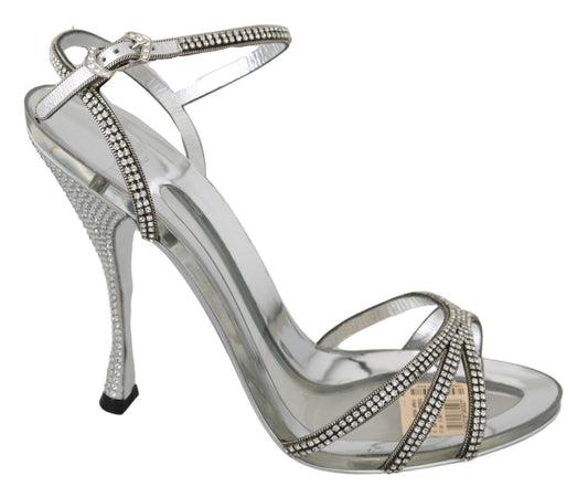 Dolce & Gabbana Silver Leather Ankle Strap Sandals with Crystals EU39 / US8.5