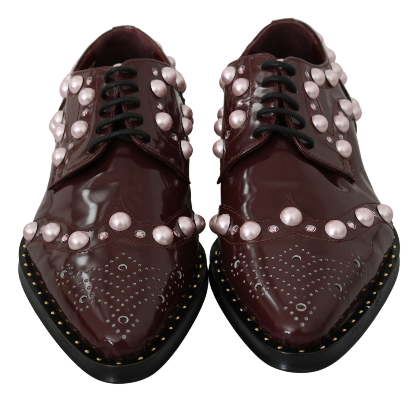 Dolce & Gabbana Elegant Bordeaux Lace-Up Flats with Pearls and Crystals EU39 / US8.5