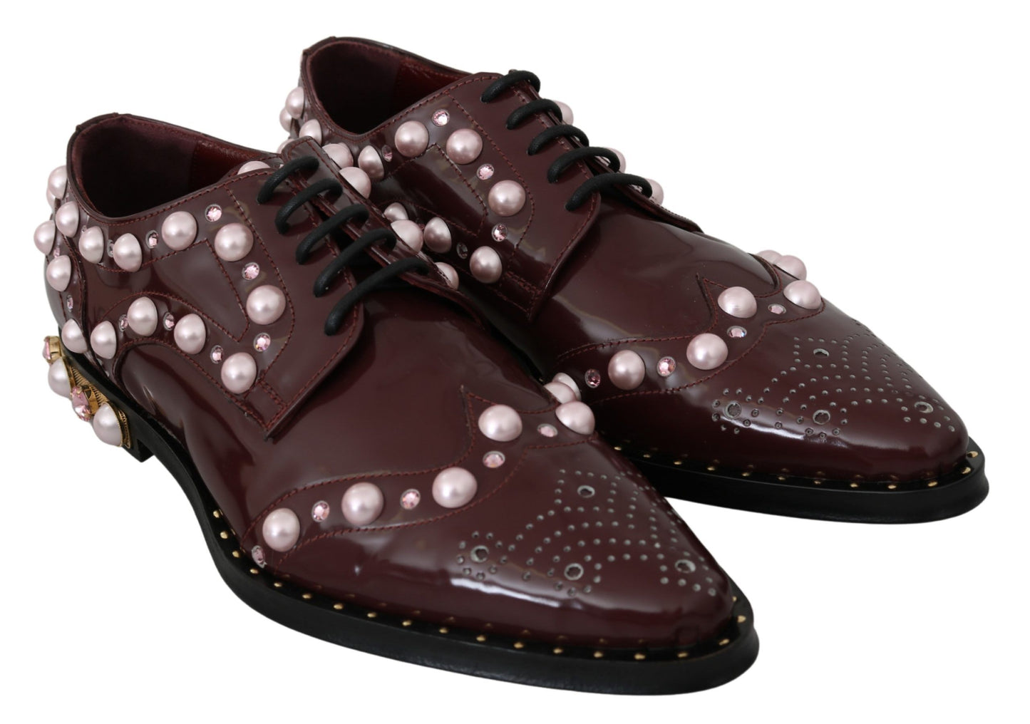 Dolce & Gabbana Elegant Bordeaux Lace-Up Flats with Pearls and Crystals EU39 / US8.5