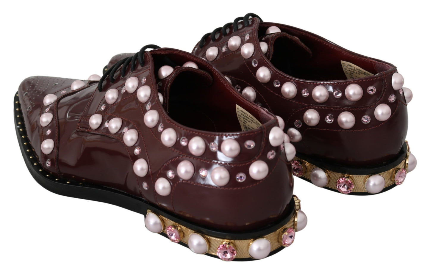 Dolce & Gabbana Elegant Bordeaux Lace-Up Flats with Pearls and Crystals EU39 / US8.5