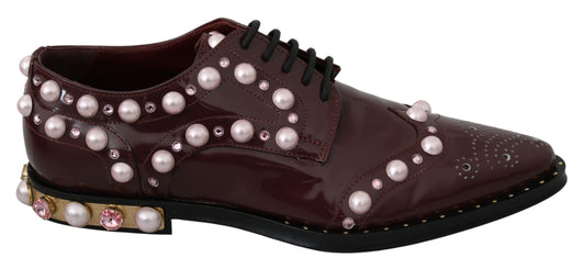 Dolce & Gabbana Elegant Bordeaux Lace-Up Flats with Pearls and Crystals EU39 / US8.5