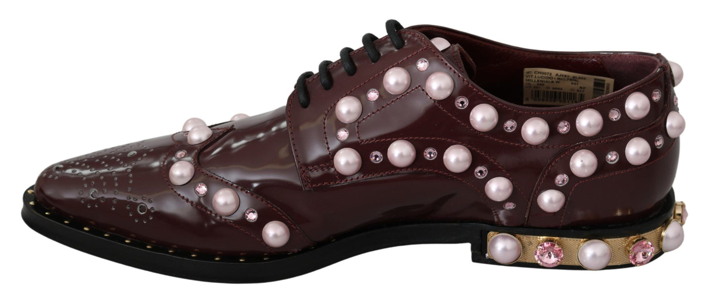 Dolce & Gabbana Elegant Bordeaux Lace-Up Flats with Pearls and Crystals EU39 / US8.5