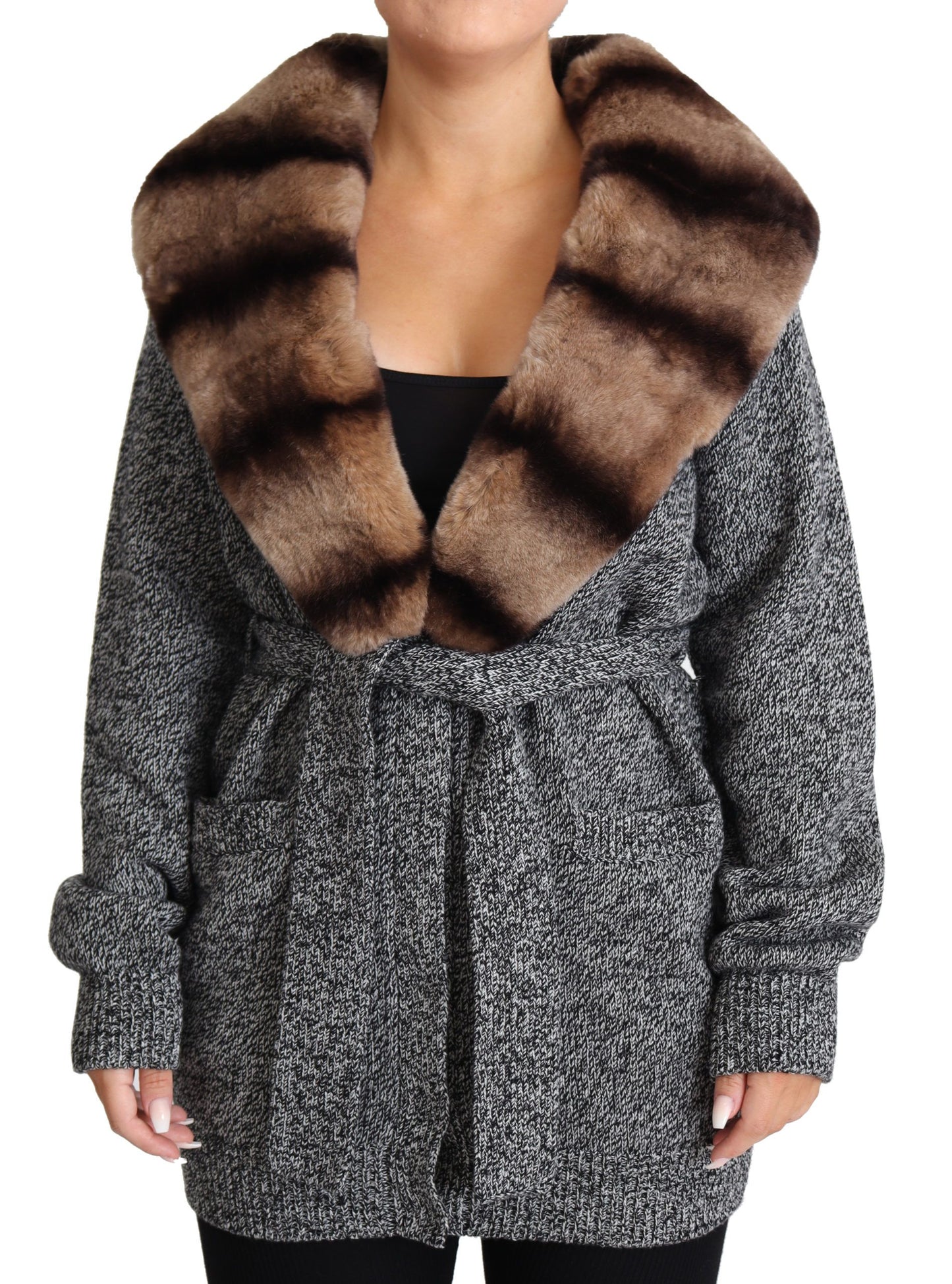 Dolce & Gabbana Elegant Cashmere Cardigan with Rabbit Fur Collar IT38 | XS